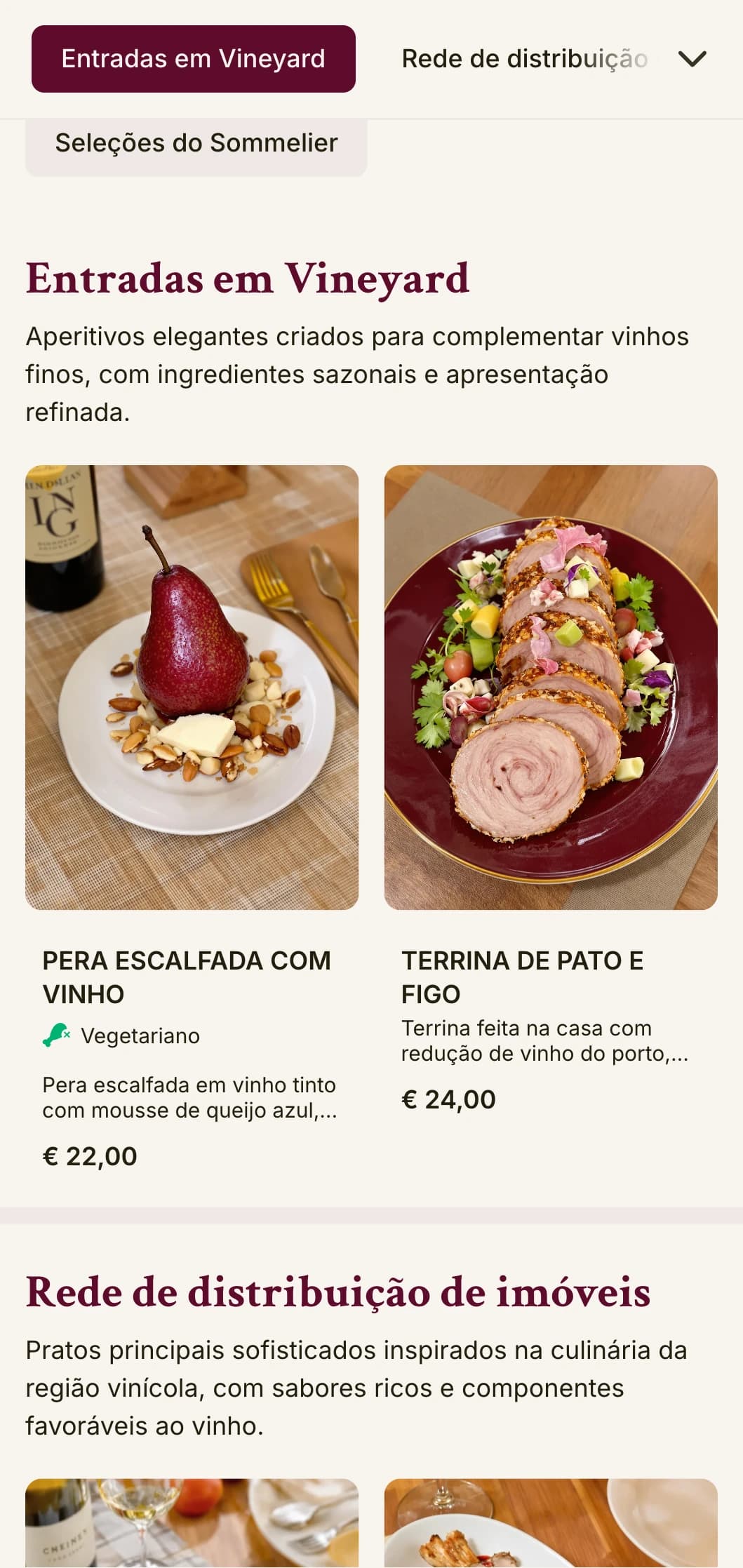 Um menu de jantar sofisticado com cores inspiradas em vinhos e tipografia elegante, projetado para estabelecimentos com extensos programas de vinhos.