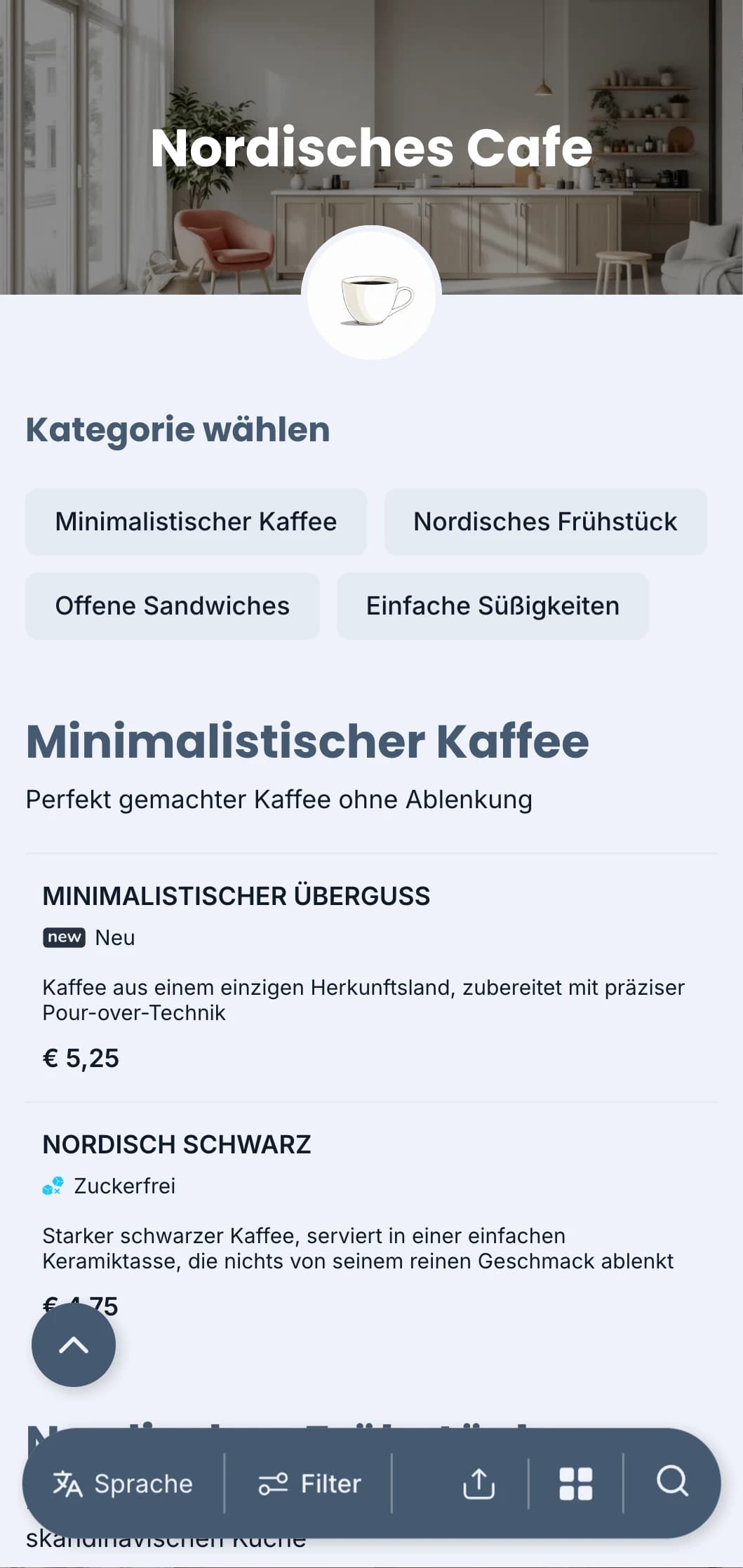 Klares, skandinavisch inspiriertes Design mit kühlen Blautönen für moderne, minimalistische Cafés.