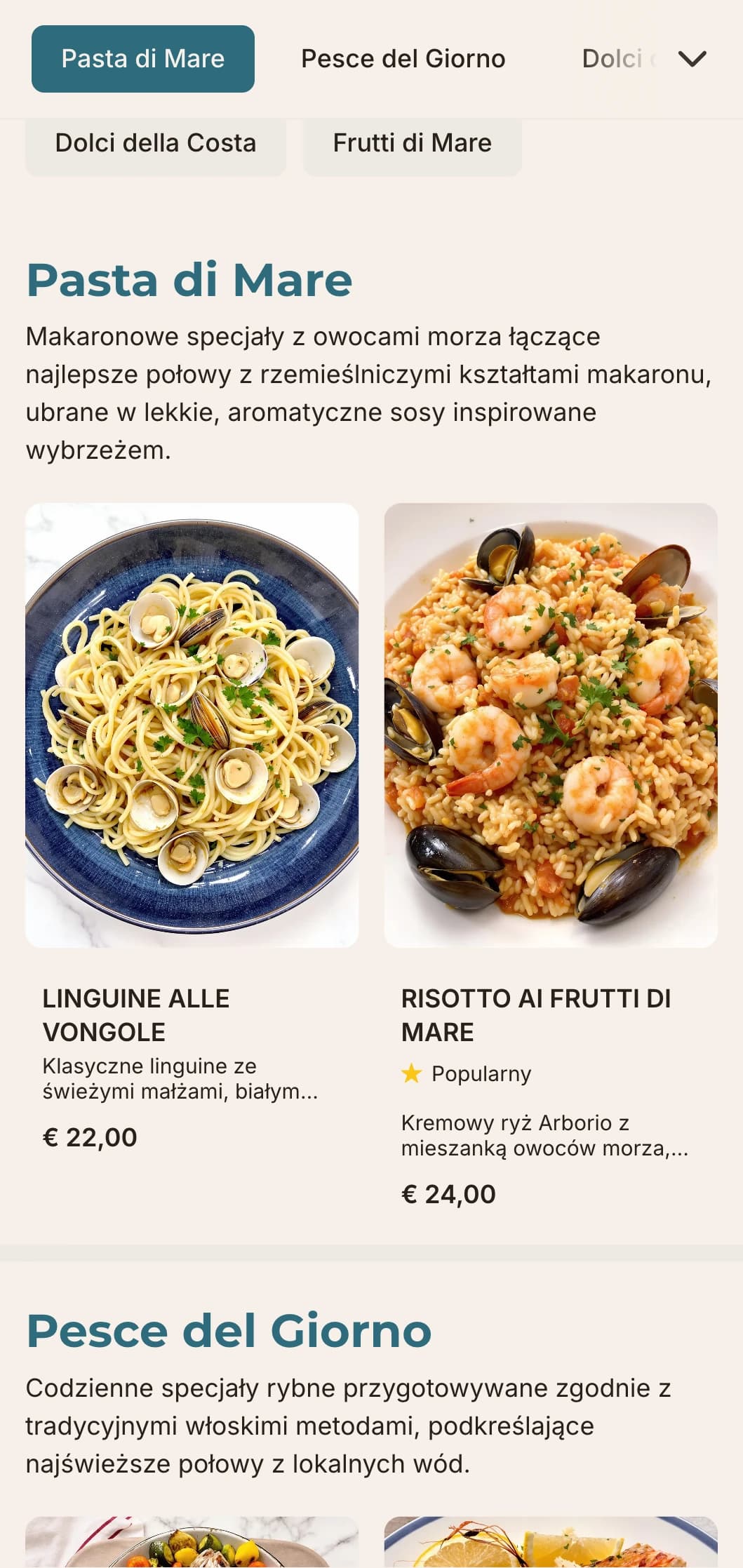 Inspirowany stylem śródziemnomorskim projekt z nadmorskimi błękitami, czystą typografią i przewiewnymi układami dla włoskich restauracji serwujących owoce morza.