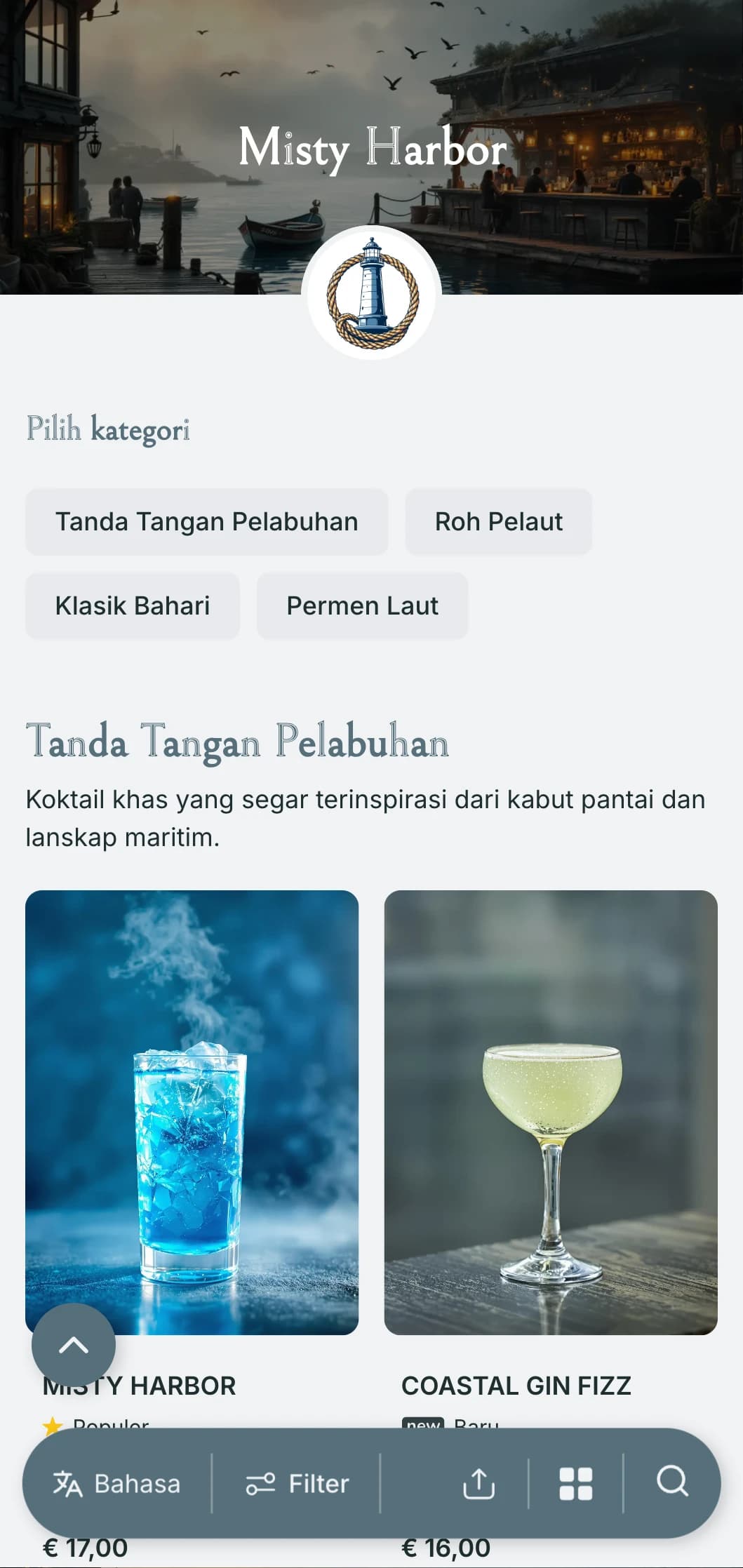 Desain yang terinspirasi dari pesisir dan pelabuhan untuk bar pinggir laut yang menampilkan warna biru-abu-abu berkabut dan elemen laut.