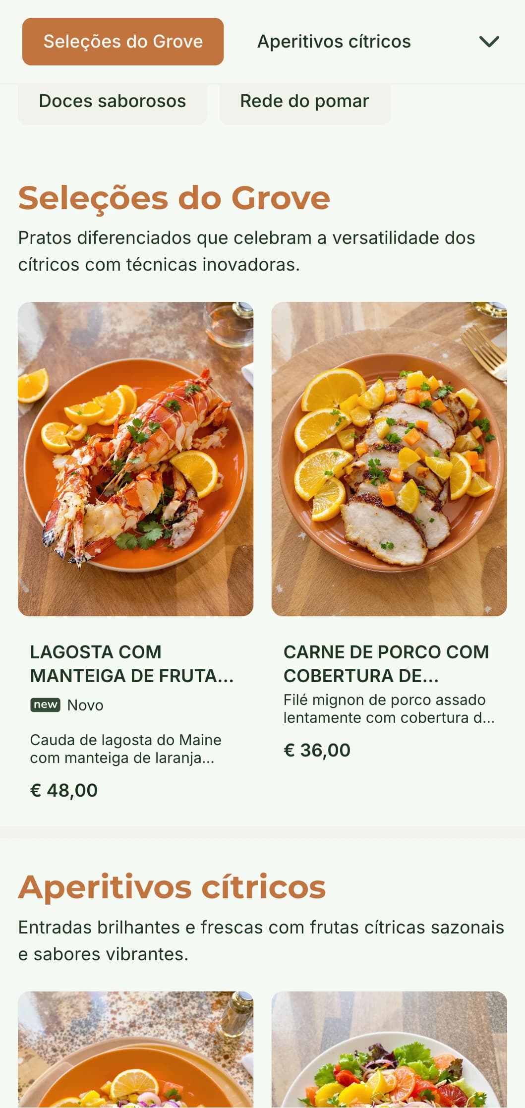 Um menu de jantar brilhante e fresco com tons cítricos e elementos naturais, perfeito para restaurantes com influências mediterrâneas.