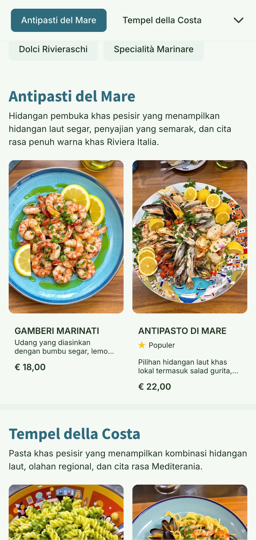 Desain yang semarak terinspirasi dari desa nelayan Cinque Terre yang penuh warna dan masakan Italia pesisir.