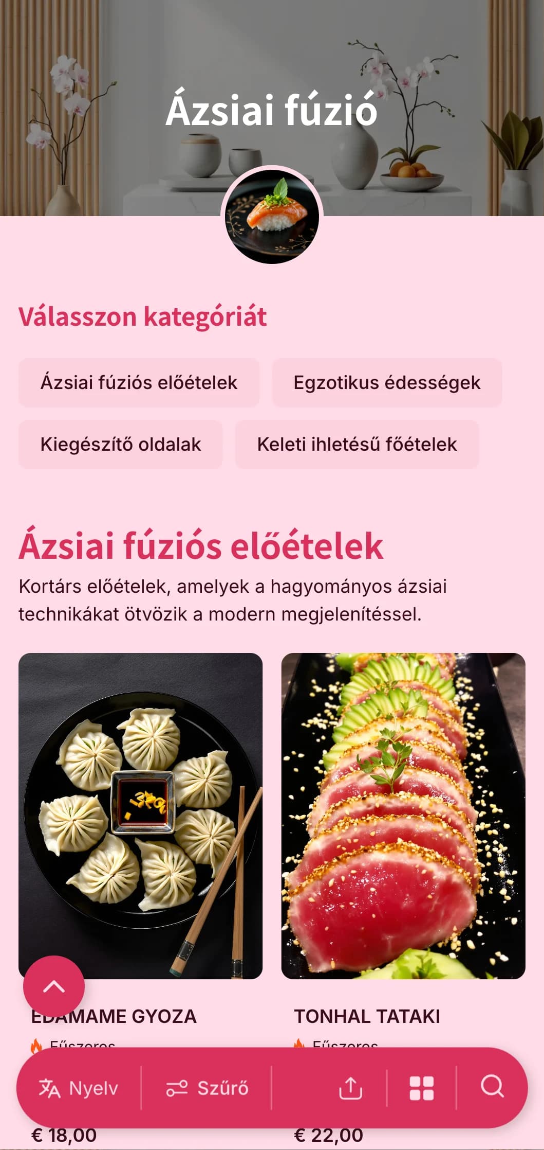 Kortárs ázsiai ihletésű vendéglátás, amely a hagyományos technikákat modern megjelenítéssel ötvözi a trendi rendezvények és nemzetközi összejövetelek számára.
