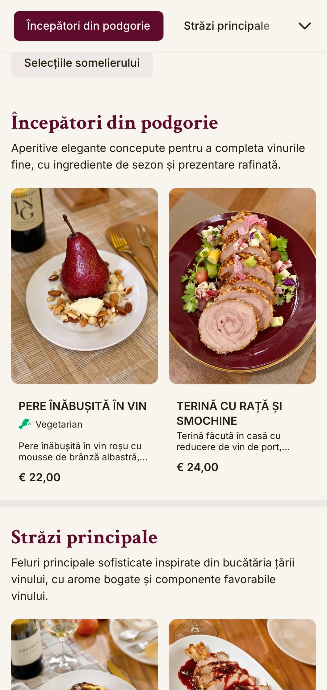 Un meniu sofisticat pentru cină, cu culori inspirate din vinuri și tipografie elegantă, conceput pentru unități cu programe extinse de vinuri.