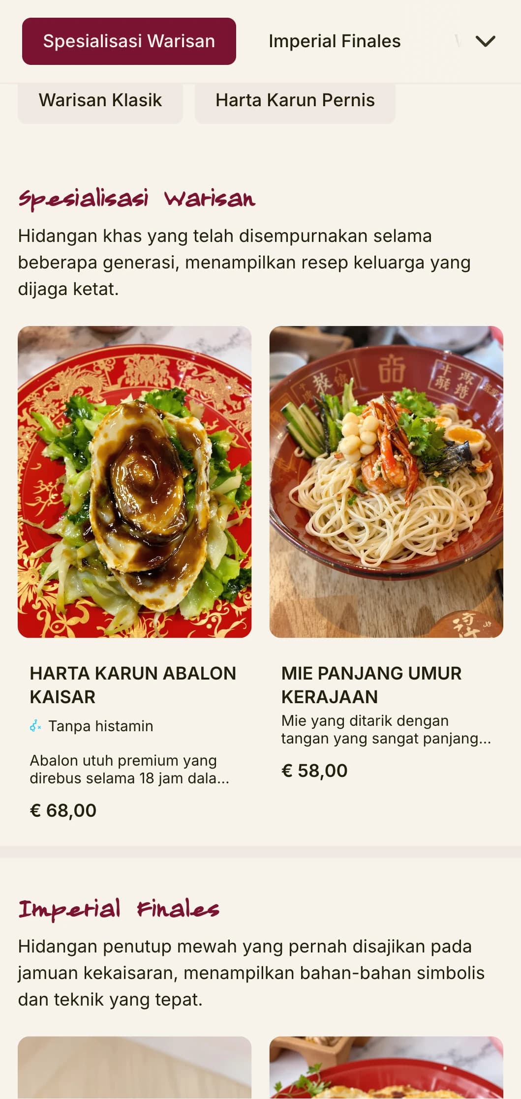Desain menu Cina yang mewah terinspirasi dari pernis tradisional, dengan warna-warna yang kaya untuk hidangan warisan dan acara-acara khusus.
