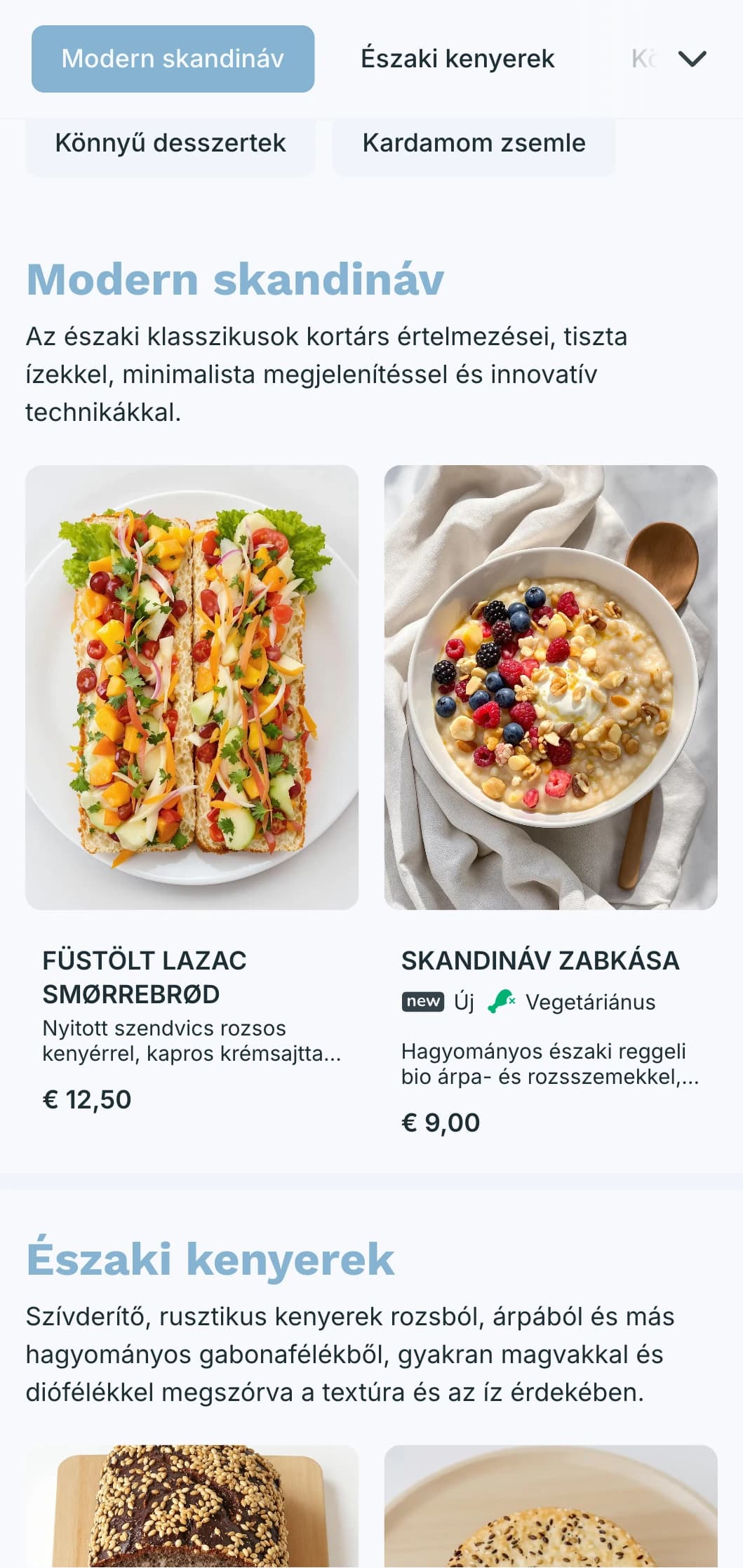 Könnyed, légies pékségi menüterv hűvös kék tónusokkal és letisztult tipográfiával, tökéletes a skandináv ihletésű pékségek és modern kávézók számára.