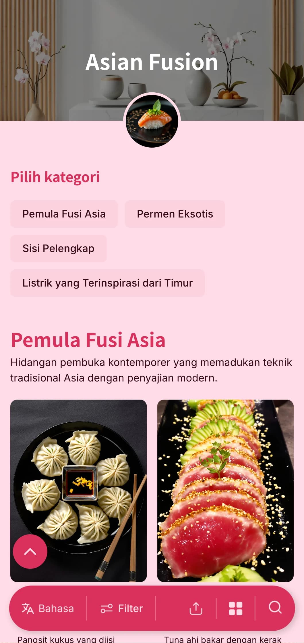 Katering kontemporer yang terinspirasi dari Asia yang memadukan teknik tradisional dengan presentasi modern untuk acara trendi dan pertemuan internasional.