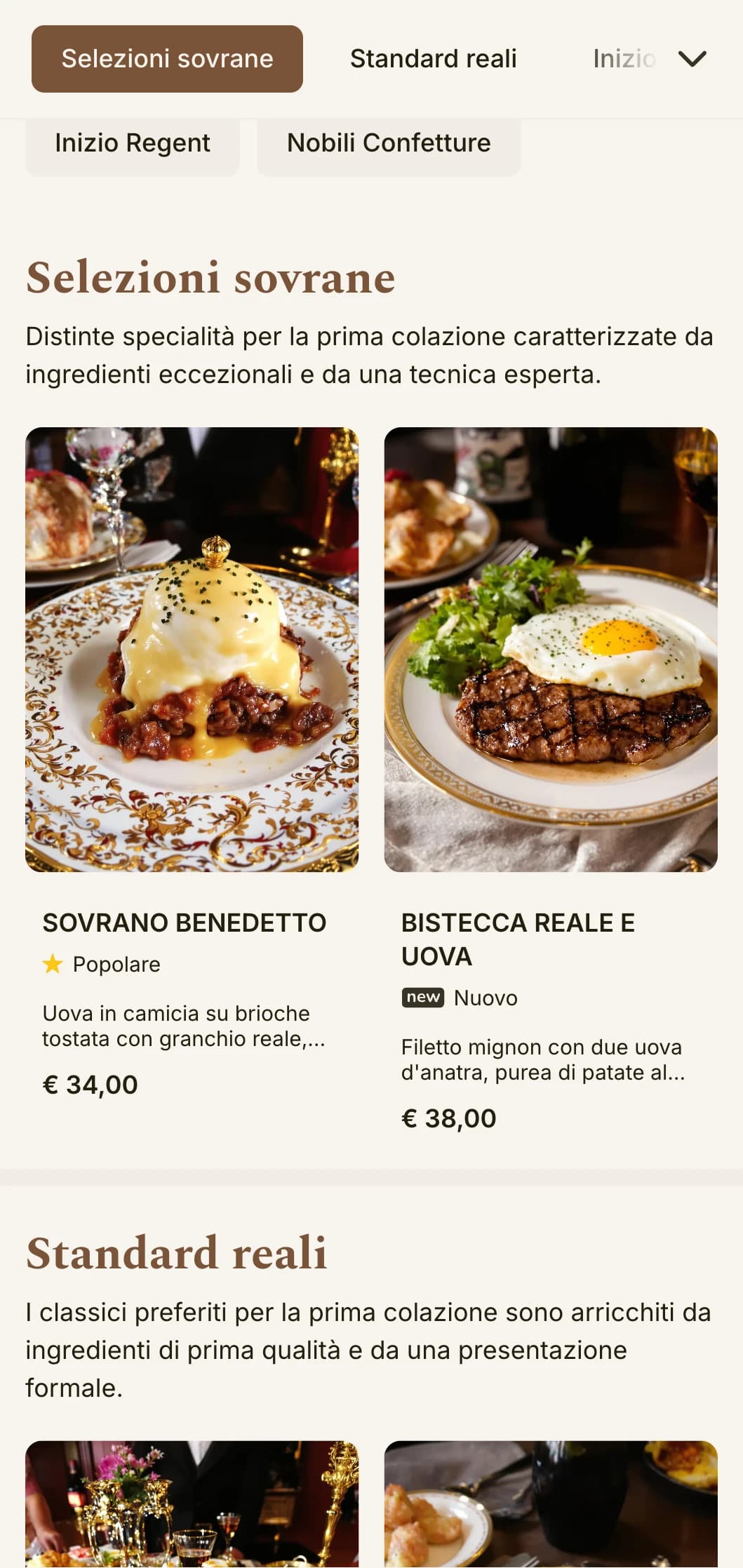 Una cucina mattutina sofisticata, ispirata alla ristorazione degli hotel di lusso, presentata con elegante formalità e ingredienti di prima qualità.