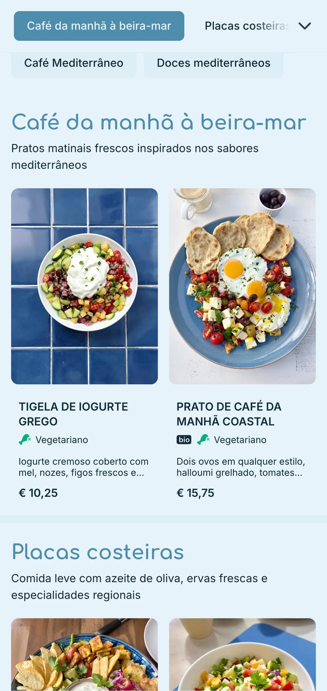 Paleta azul refrescante inspirada nas águas do Mediterrâneo para cafés e bistrôs à beira-mar.