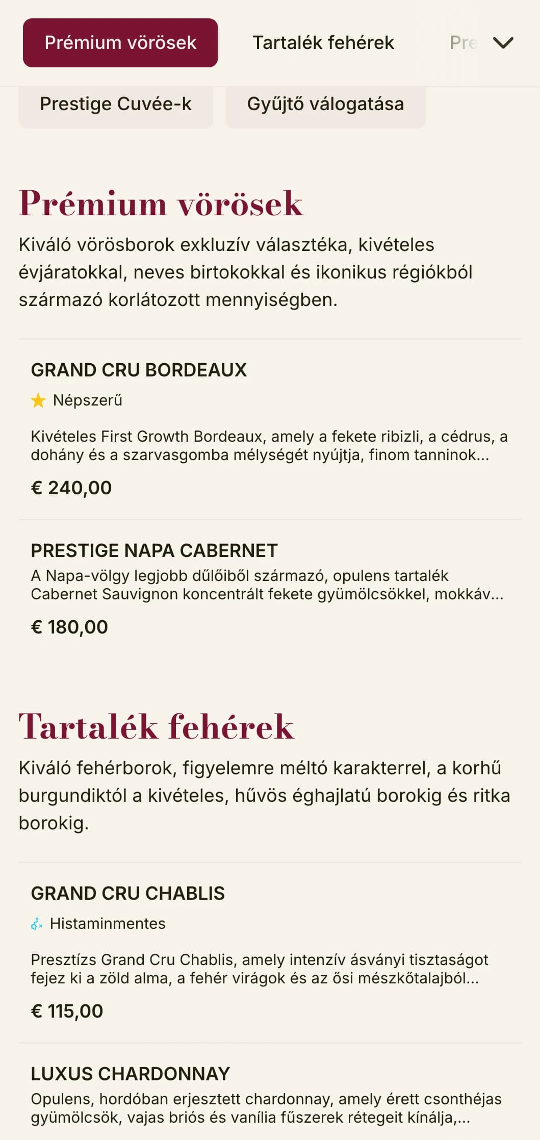 Drámaian fényűző borlap sablon gazdag bordó akcentusokkal és kifinomult tipográfiával, ideális prémium steakhouse-ok és borospincék számára.