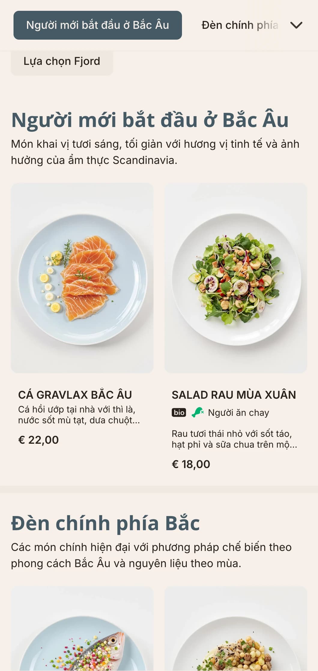 Thực đơn tối tươi sáng, sạch sẽ với phong cách Scandinavia và điểm nhấn màu xanh nhạt, hoàn hảo cho ẩm thực lấy cảm hứng từ Bắc Âu.