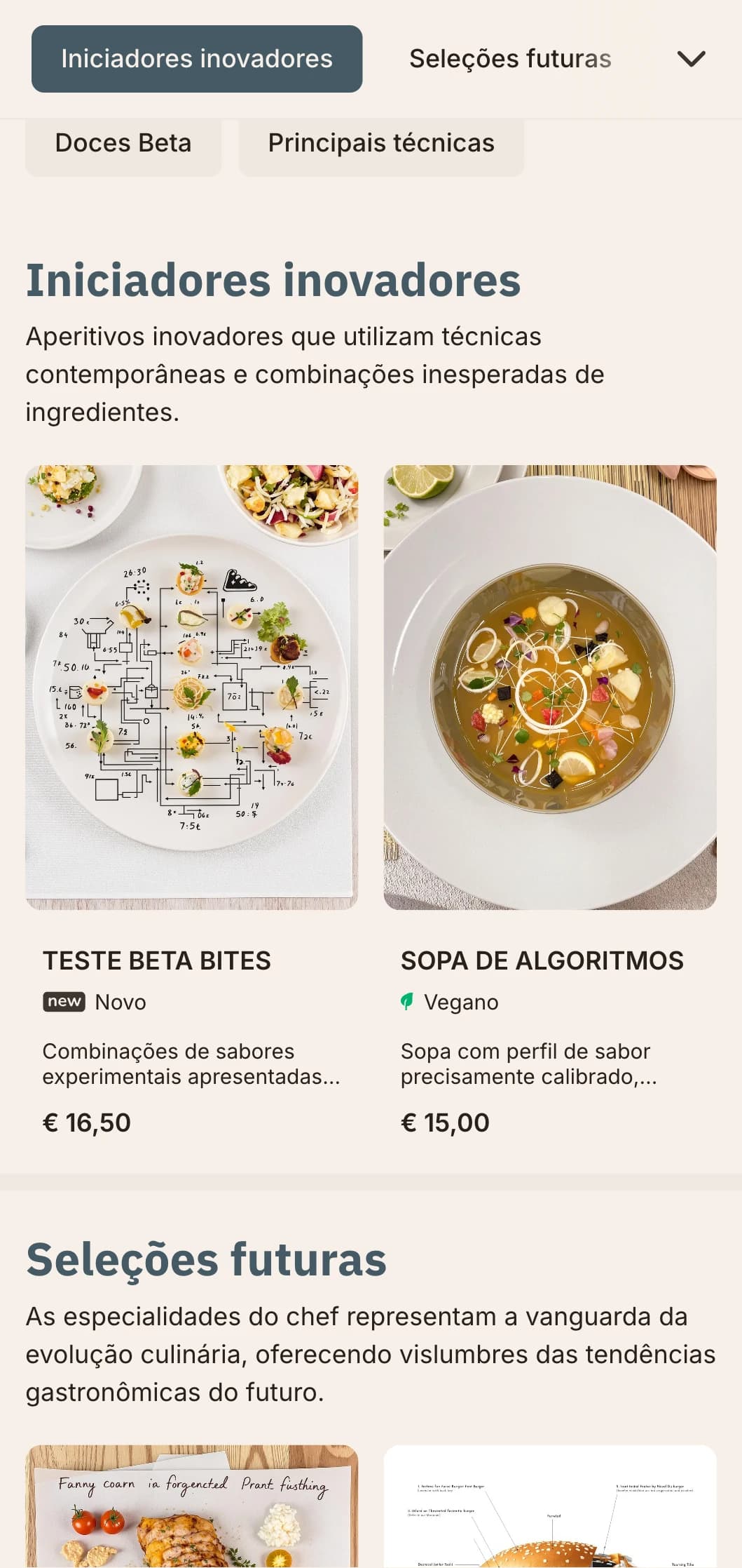 Design de cardápio de almoço inovador e inspirado em tecnologia, com elementos digitais e estética futurista, perfeito para restaurantes em distritos tecnológicos e centros de inovação.