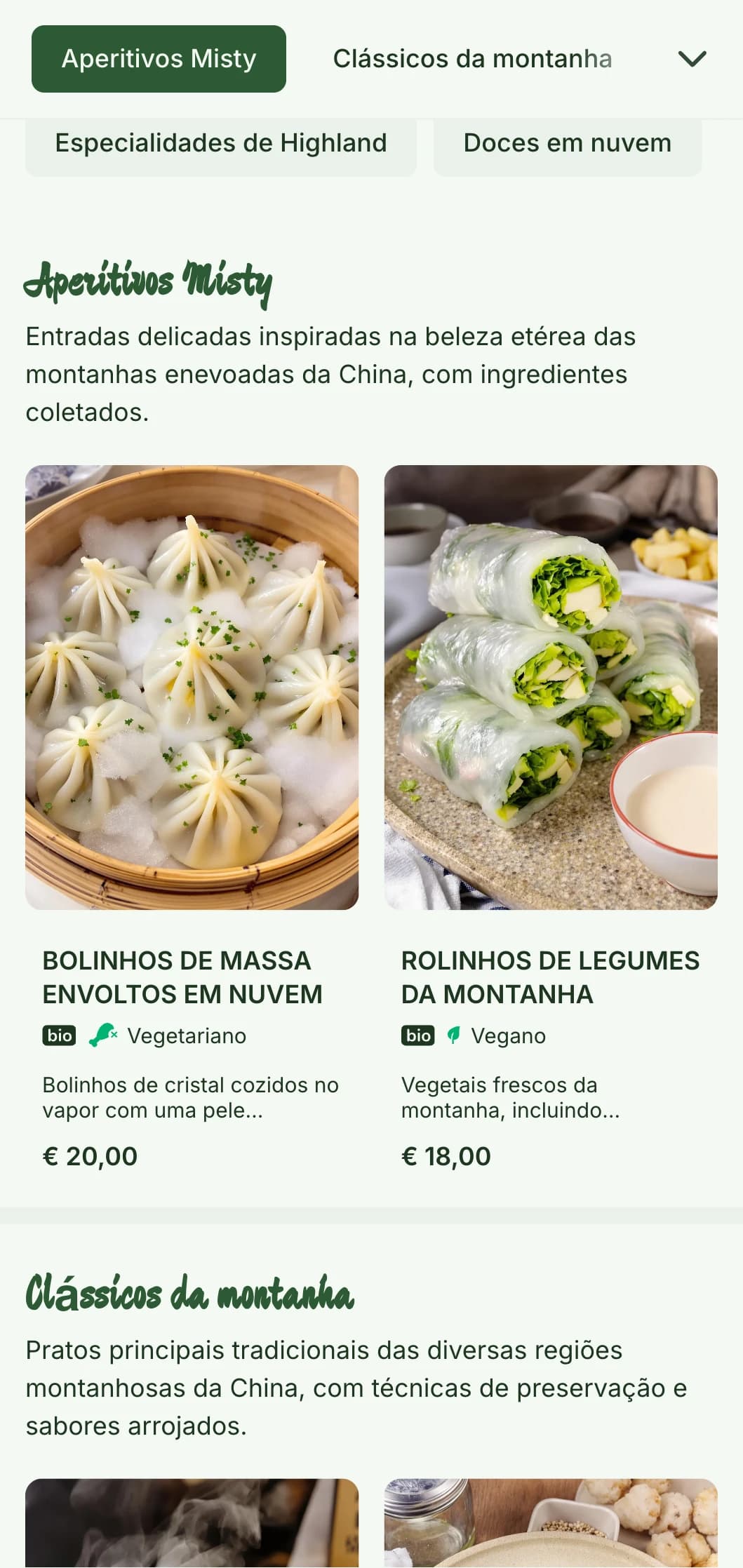 Design sereno de cardápio chinês inspirado em paisagens montanhosas e estética enevoada para restaurantes com foco na culinária regional.