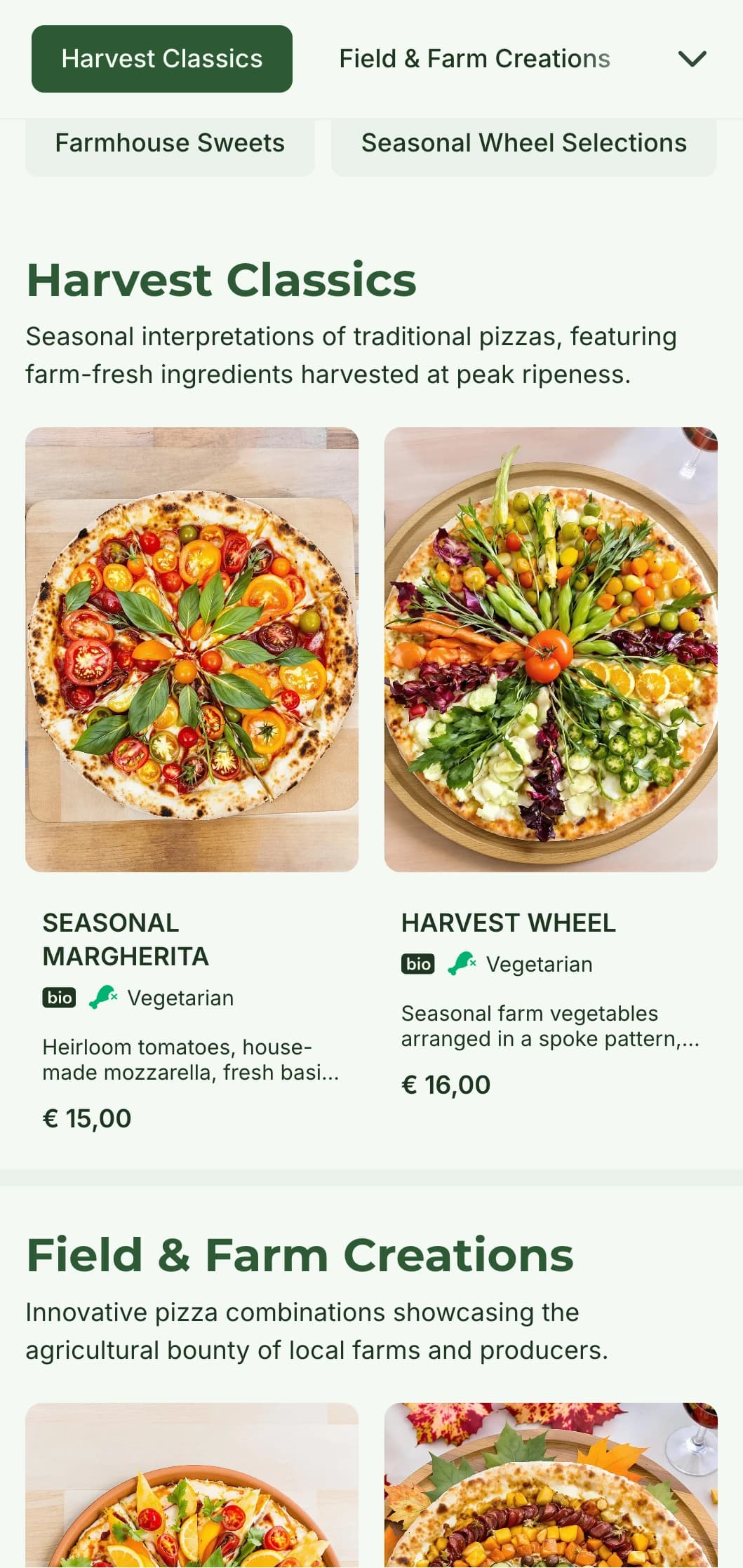 Farm-to-table pizza menu celebrating seasonal ingredients and rustic preparation.