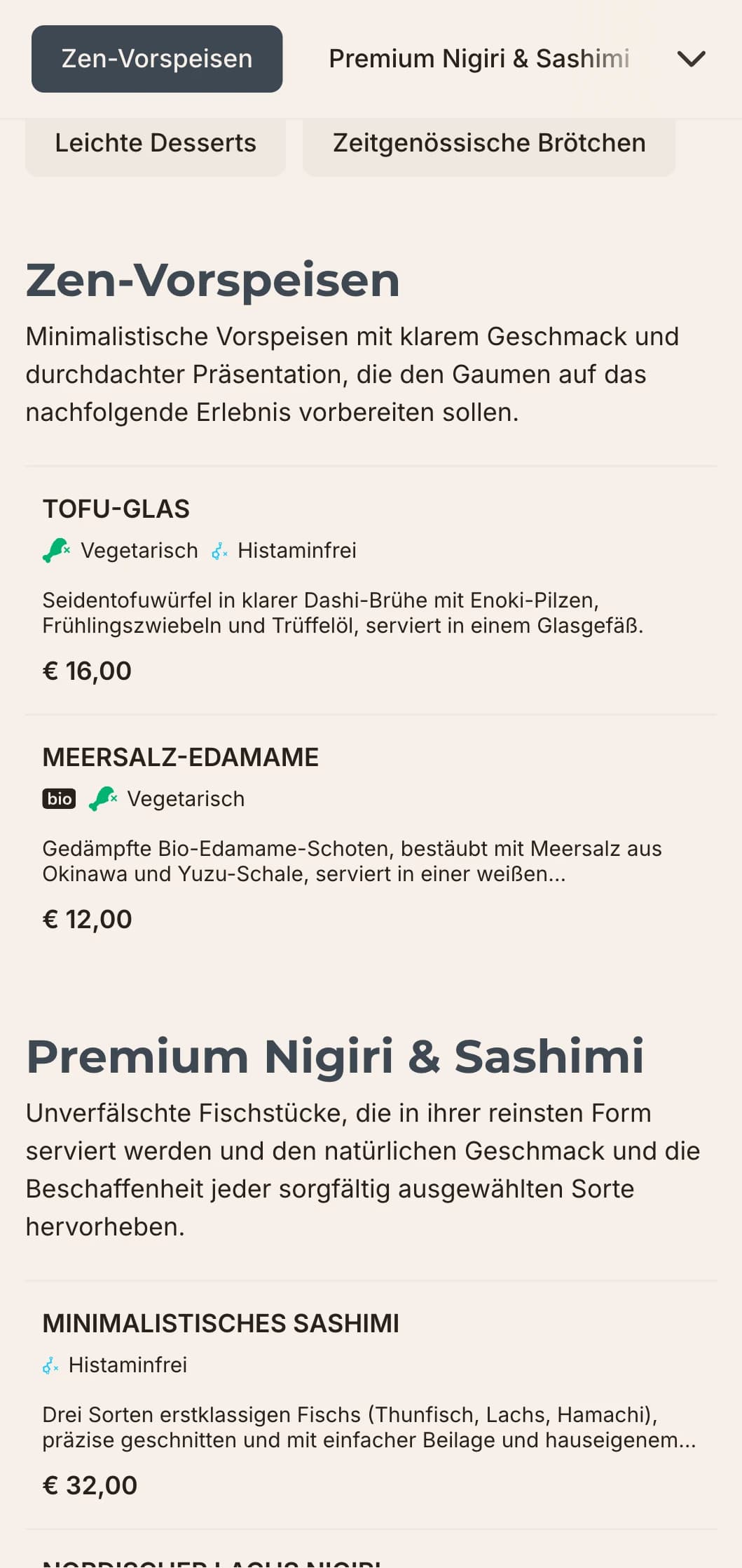 Klares, modernes Sushi-Menü-Design mit minimalistischer Ästhetik, perfekt für gehobene japanische Restaurants, die sich auf Einfachheit und Qualität konzentrieren.