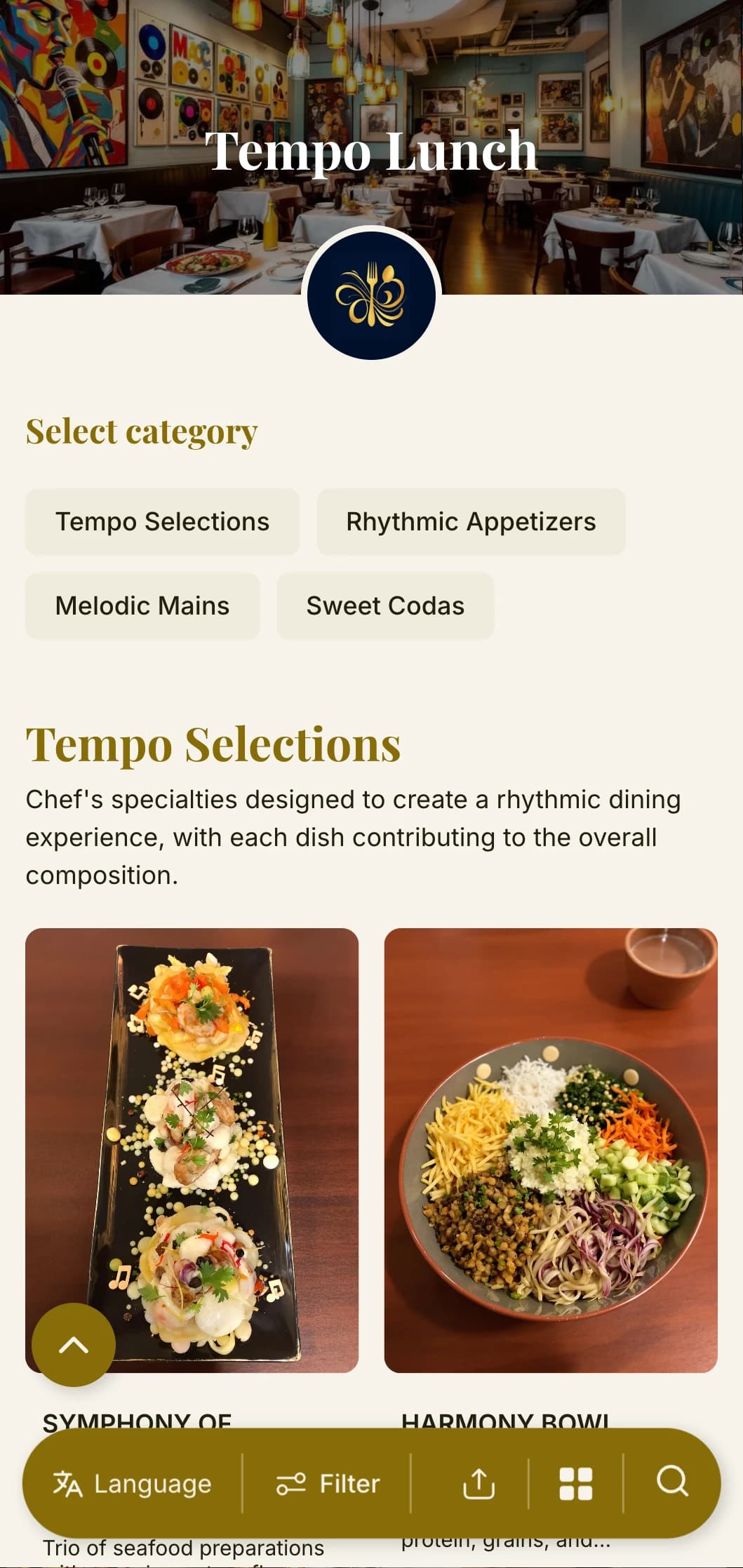 Dynamic, rhythm-inspired lunch menu design with musical elements and flowing layout, ideal for restaurants near theaters and cultural venues.