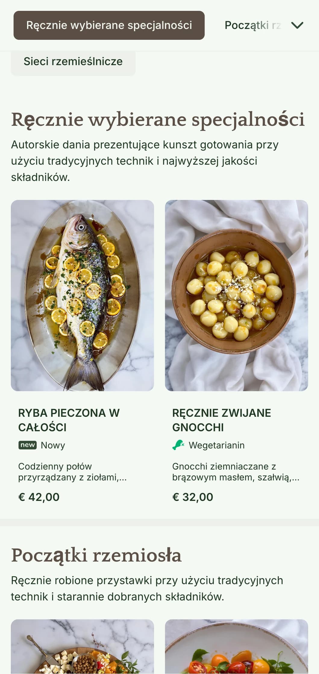 Ciepłe, rzemieślnicze menu obiadowe z elementami inspirowanymi rzemiosłem i odcieniami ziemi, idealne dla restauracji koncentrujących się na ręcznie robionej kuchni.