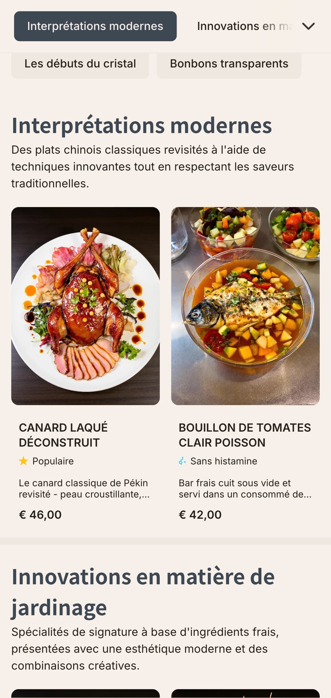 Conception de menus chinois contemporains avec des éléments inspirés du cristal et des motifs de jardin pour les restaurants fusion modernes.