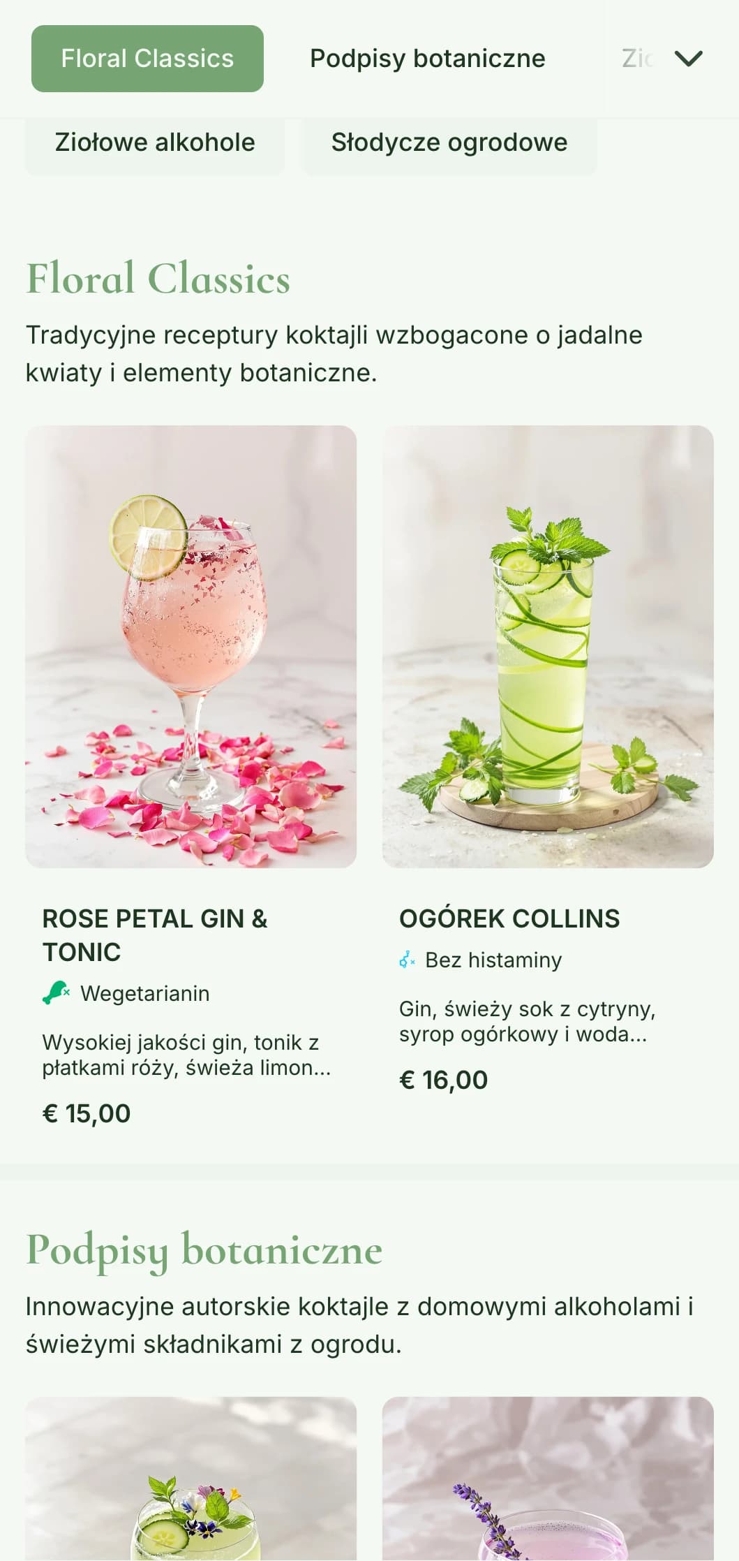 Bujny, inspirowany ogrodem projekt dla barów specjalizujących się w koktajlach ziołowych i alkoholach botanicznych o świeżych odcieniach zieleni.