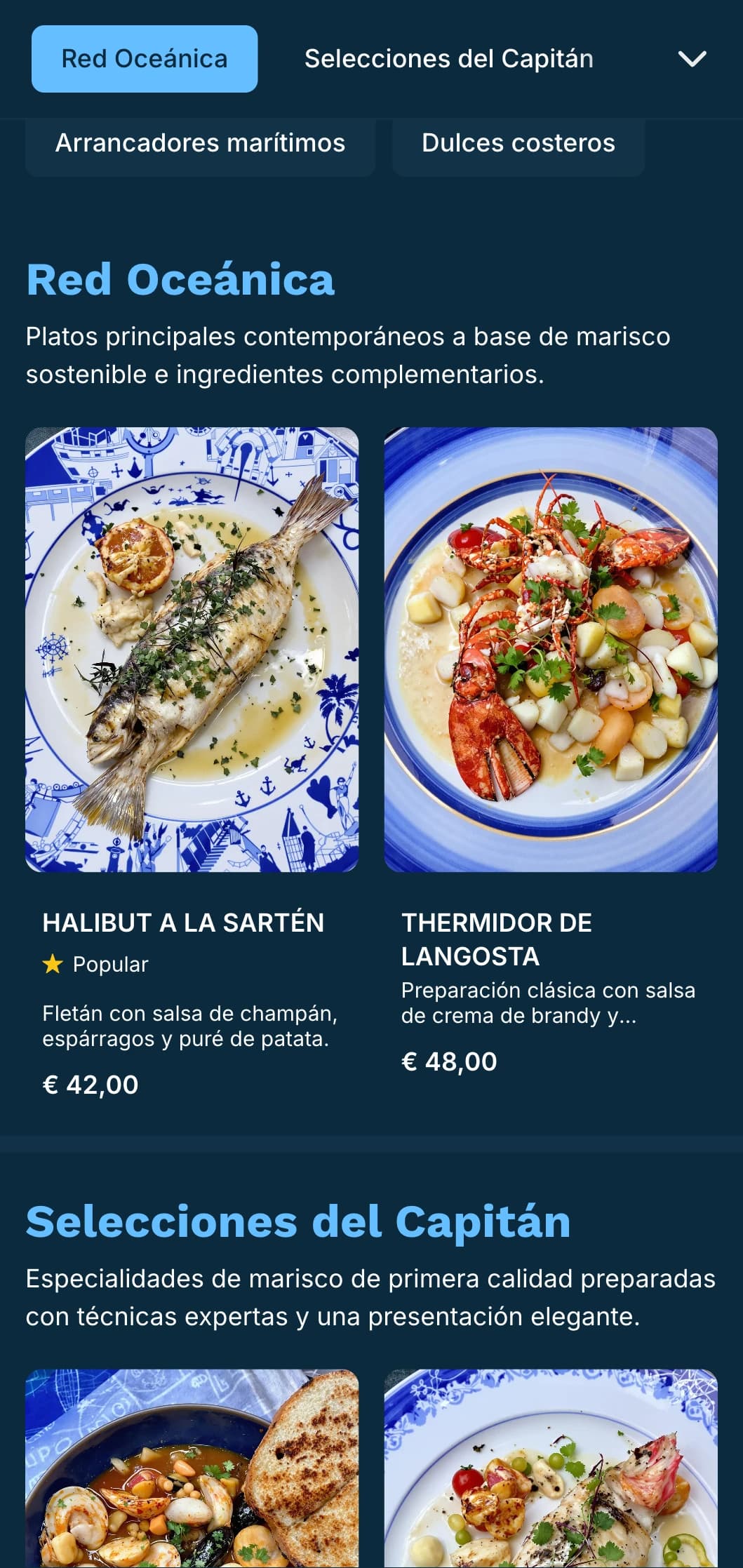 Un menú nítido en tonos azules con influencias náuticas, perfecto para marisquerías de lujo.