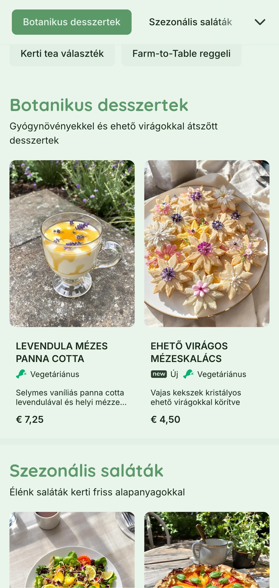 Élénk zöld design botanikai elemekkel kerti kávézók és bioéttermek számára.