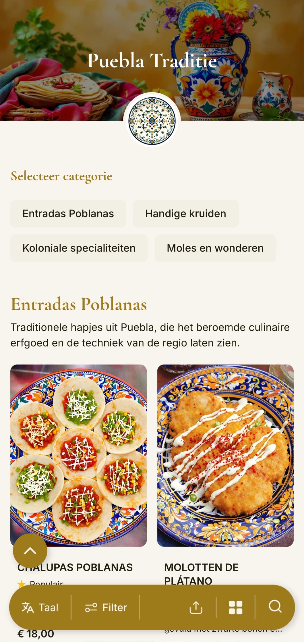 Verfijnd menu dat het rijke culinaire erfgoed van Puebla viert, met gouden accenten, talavera-patronen en authentieke mole poblano-gerechten.