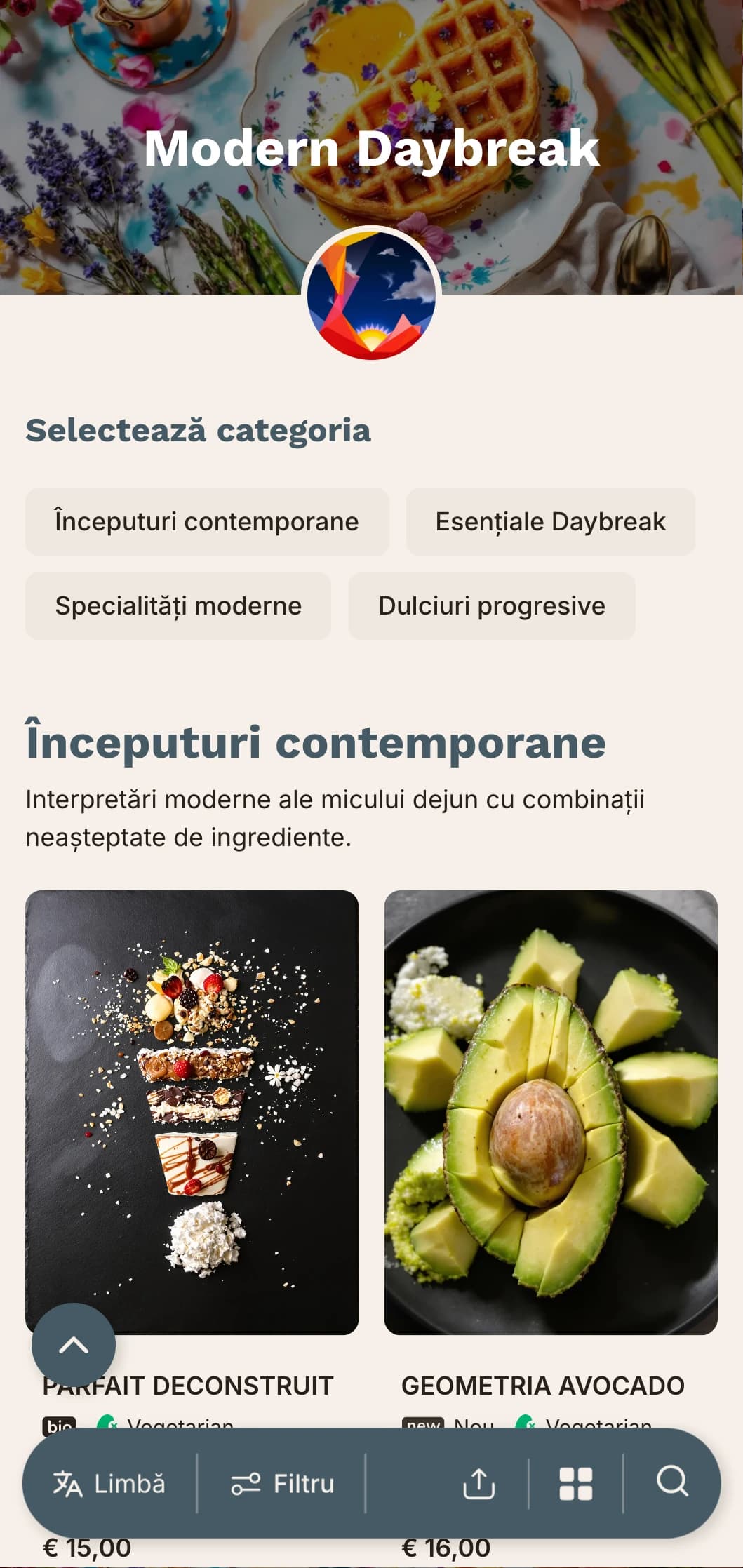 Oferte de dimineață contemporane, cu tehnici inovatoare și combinații de arome neașteptate pentru cei care se trezesc devreme și sunt aventuroși.