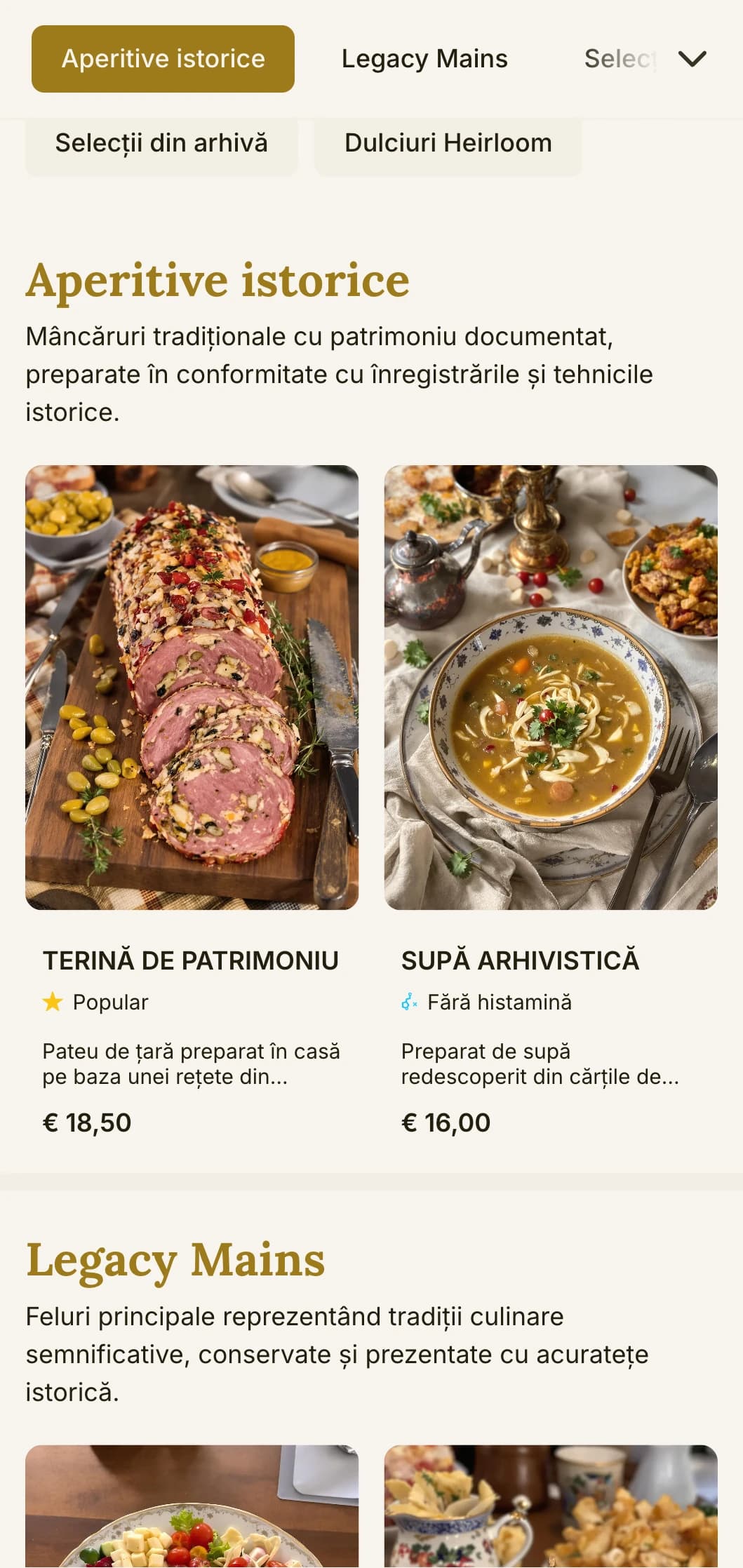 Design de meniu de prânz istoric, axat pe patrimoniu, cu elemente tradiționale și tipografie atemporală, potrivit pentru restaurante de referință și unități cu o istorie lungă.