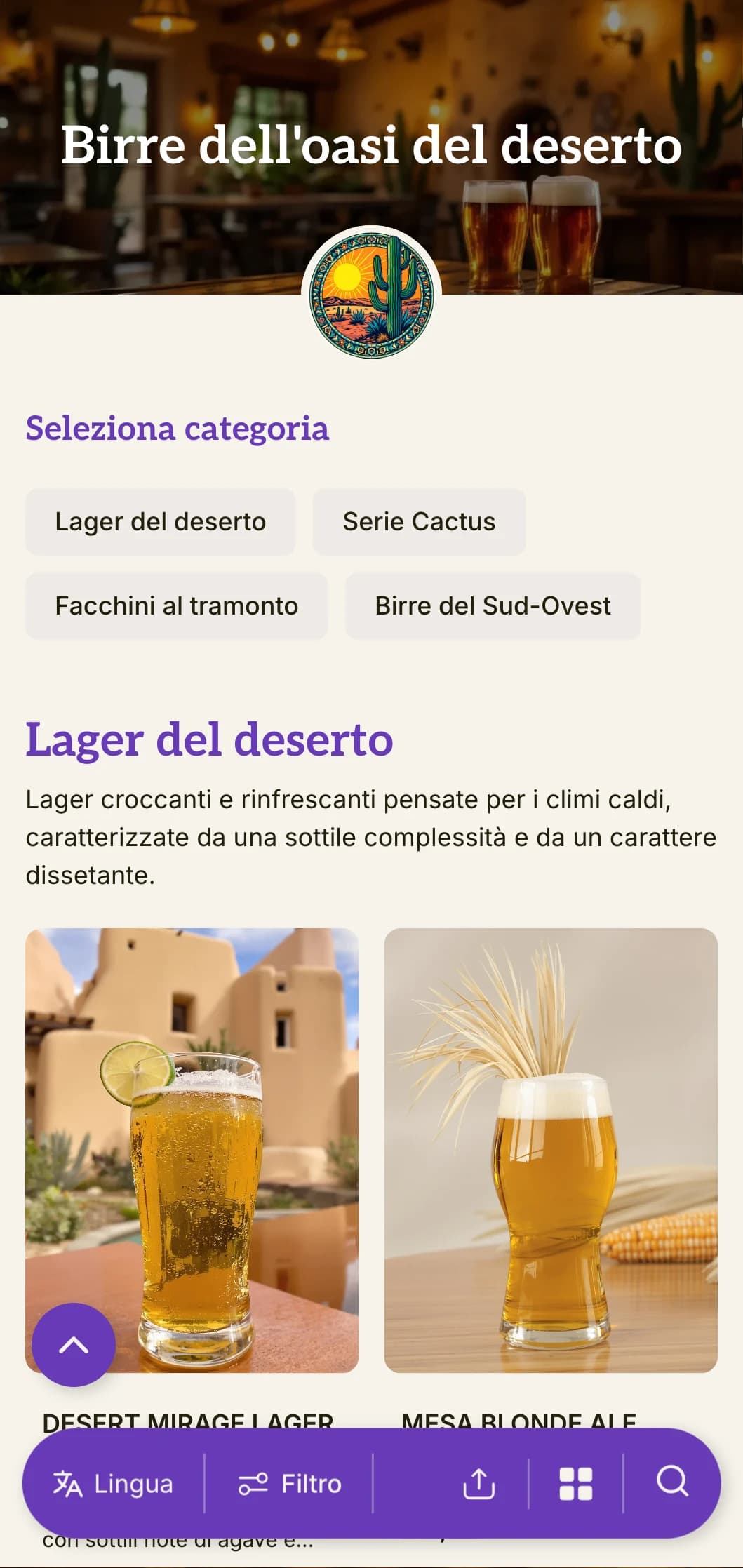 Modello caldo e terroso ispirato ai paesaggi del sud-ovest, perfetto per birrerie nel deserto e bar a tema sud-ovest.