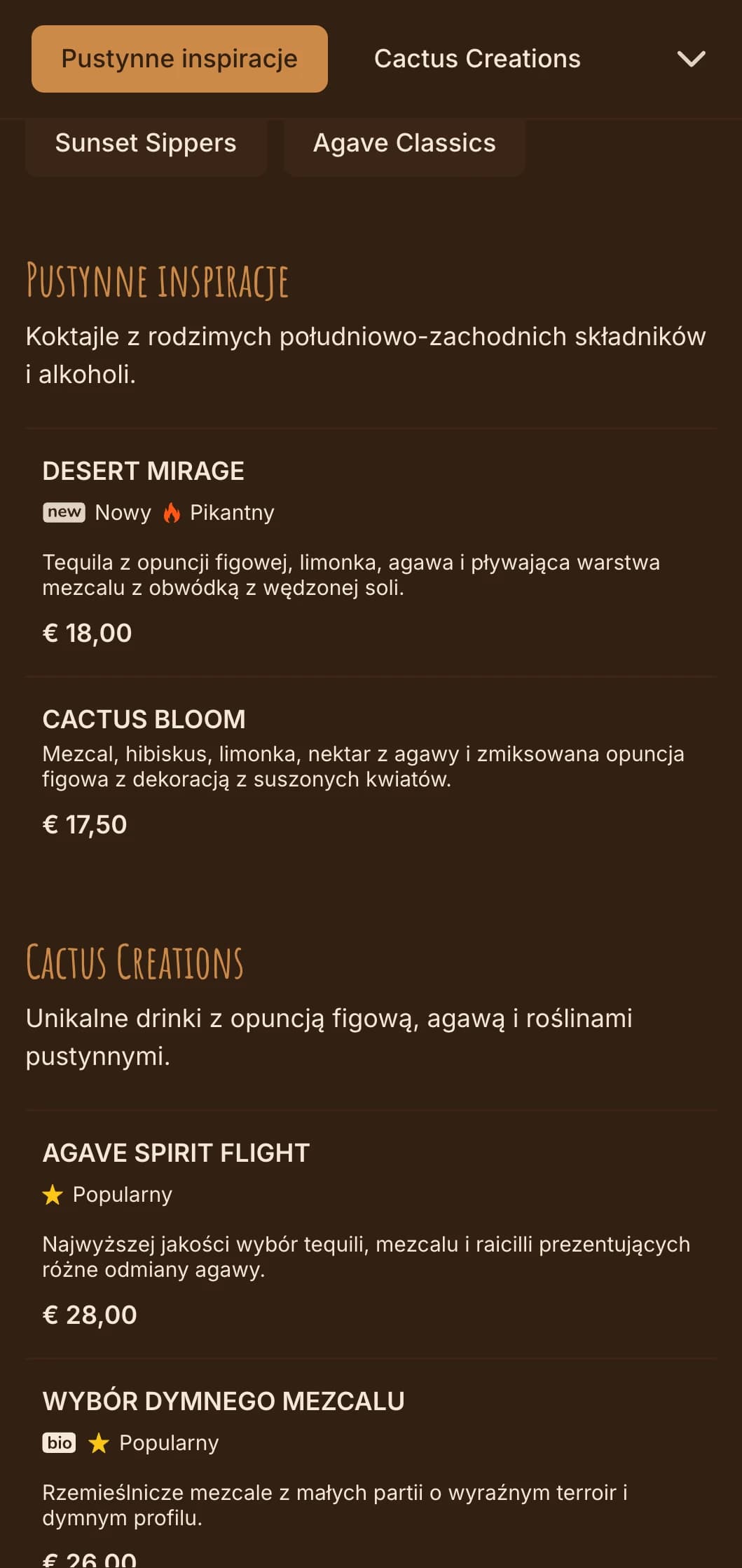 Ciepła, inspirowana pustynią paleta z południowo-zachodnimi motywami dla barów z tequilą i mezcalem.