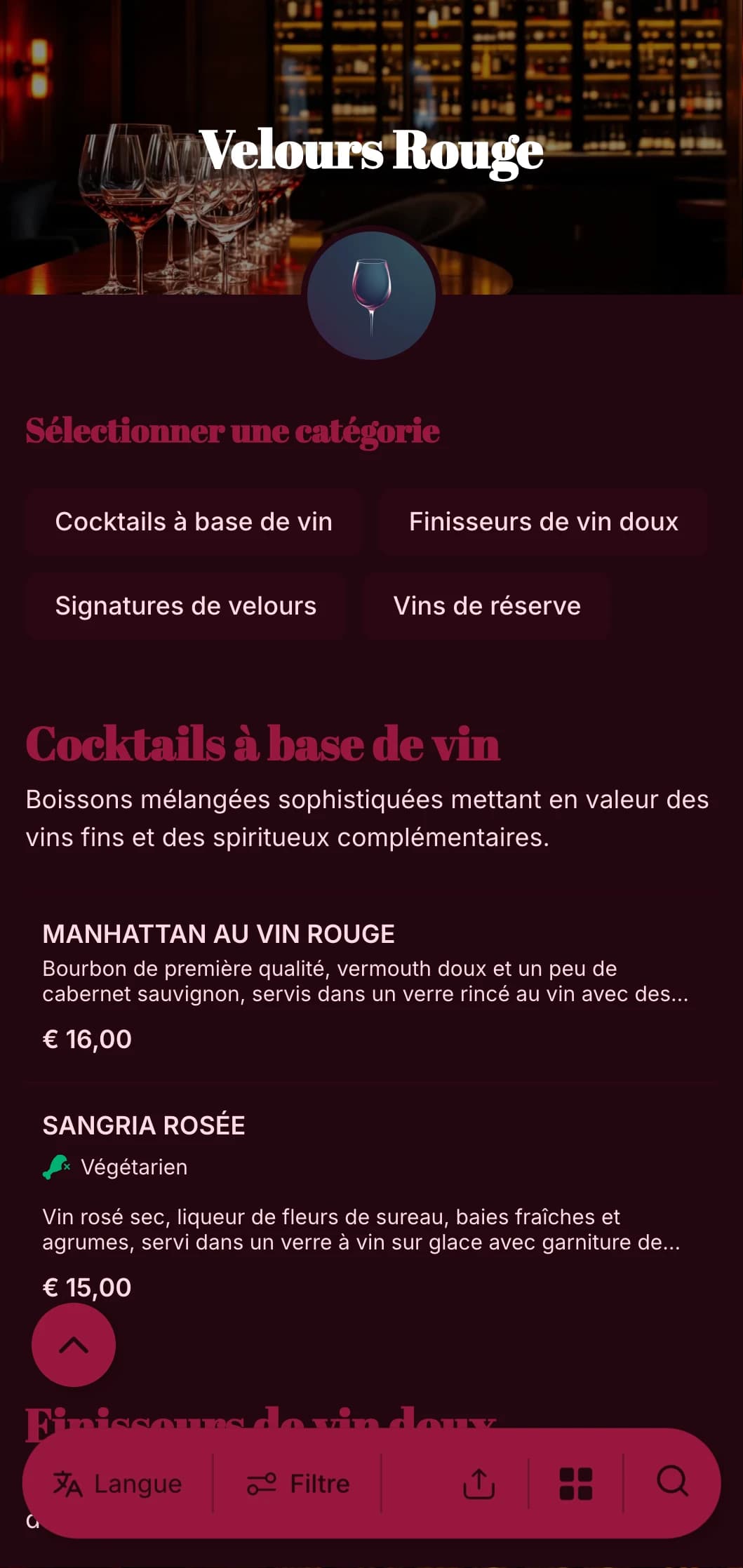 Un design luxueux et spectaculaire pour les bars à vin et les salons haut de gamme, avec de riches tons rouges et une typographie audacieuse.