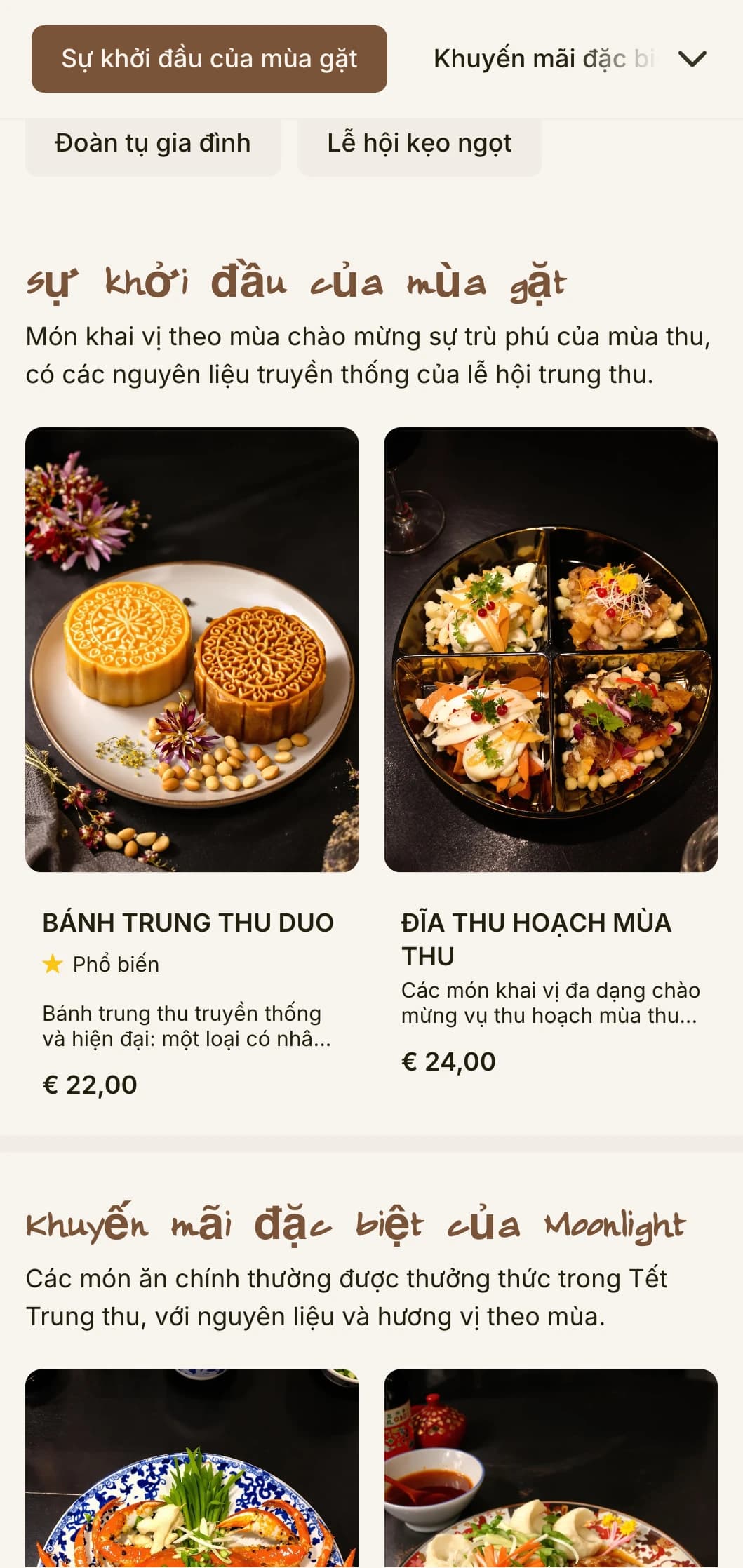 Thiết kế thực đơn Trung Hoa thanh lịch lấy cảm hứng từ Tết Trung thu, với họa tiết bánh trung thu và hoa văn truyền thống cho các món đặc sản theo mùa.