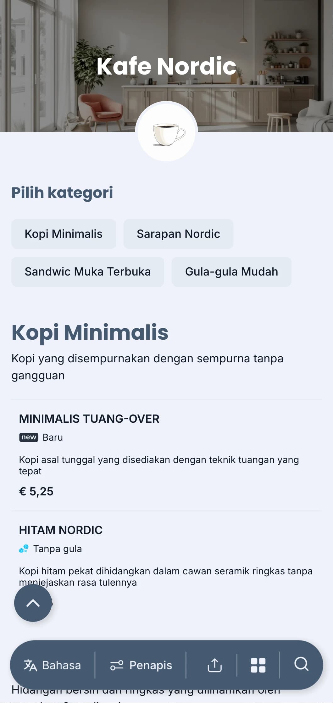 Reka bentuk berinspirasikan Scandinavia yang bersih dengan rona biru sejuk untuk kafe minimalis moden.