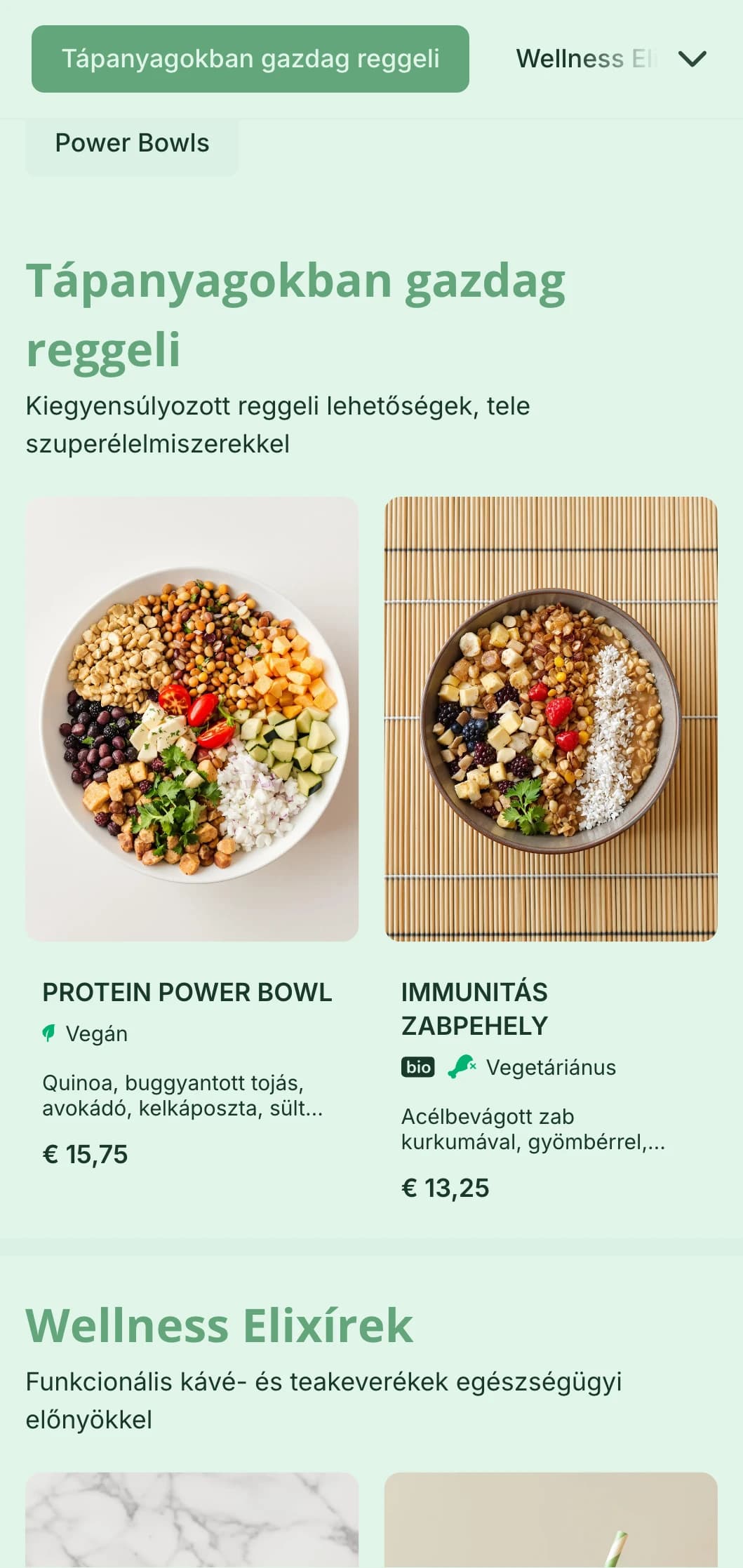 Friss zöld design, amely hangsúlyozza az egészséges lehetőségeket a wellness-központú kávézók és gyümölcslébárok számára.
