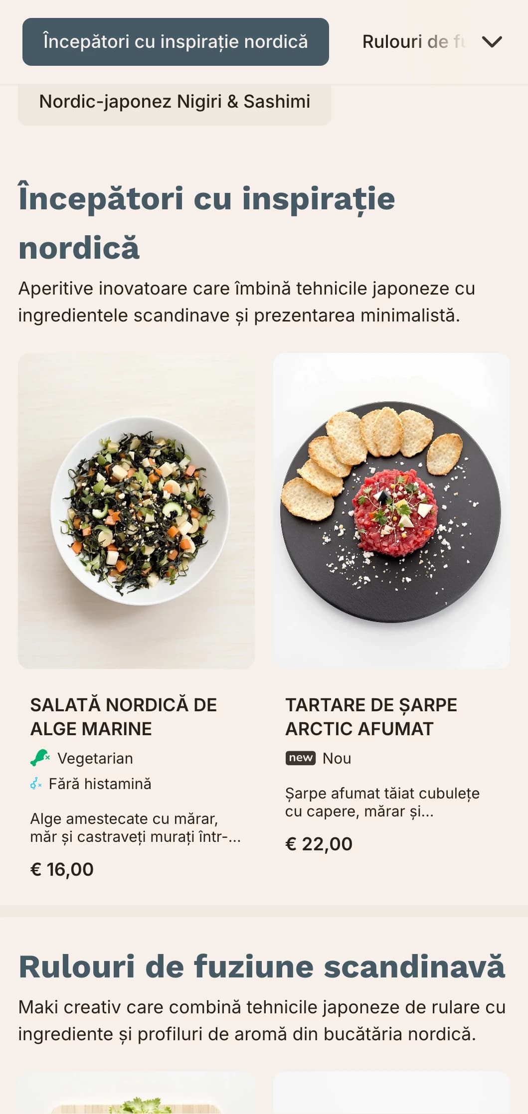 Meniu sushi fusion contemporan care combină tradițiile japoneze cu minimalismul scandinav, cu linii curate și albastru discret.