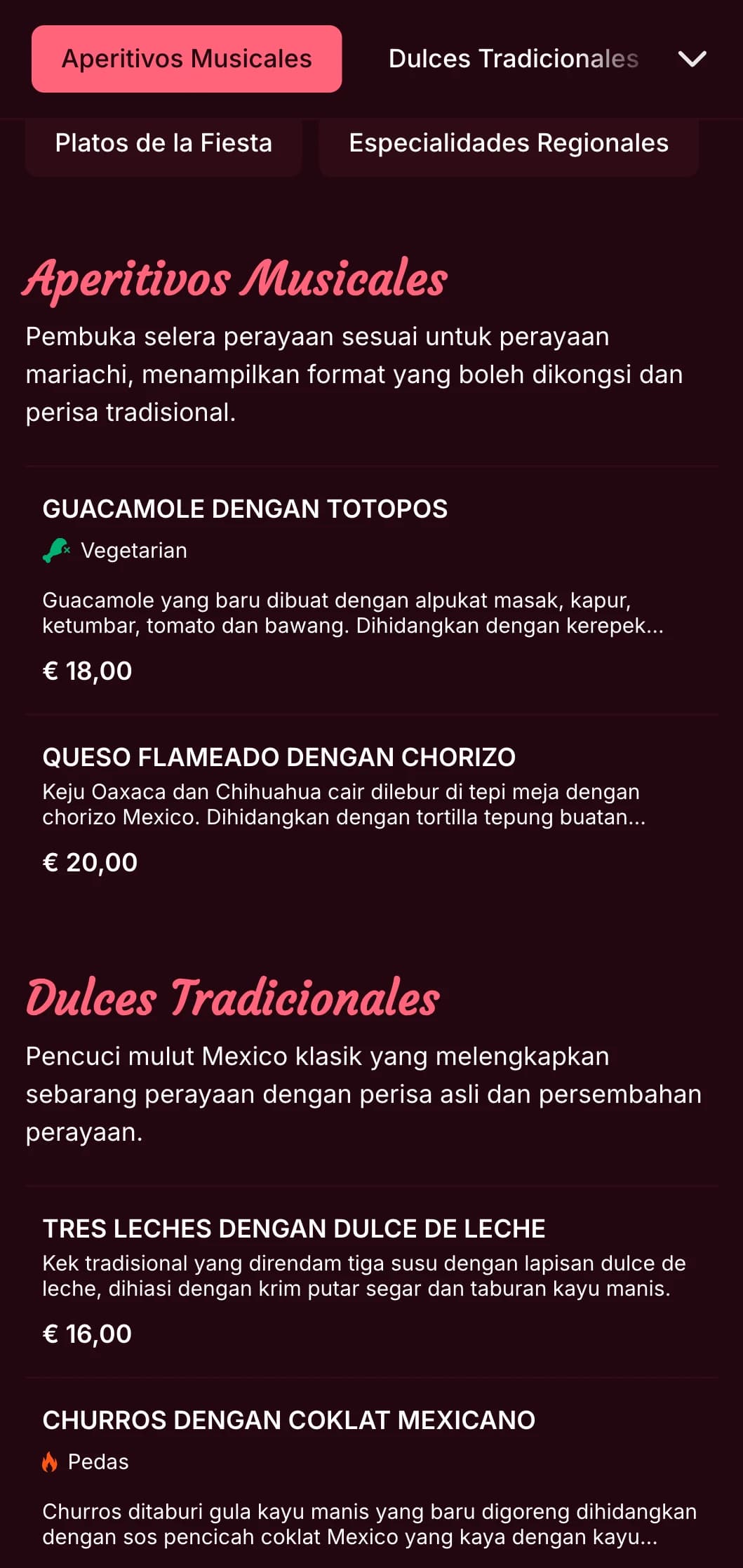 Menu Mexico yang meriah dan muzikal menampilkan aksen merah jambu terang, imejan mariachi dan hidangan perayaan yang sesuai untuk perayaan dan parti.