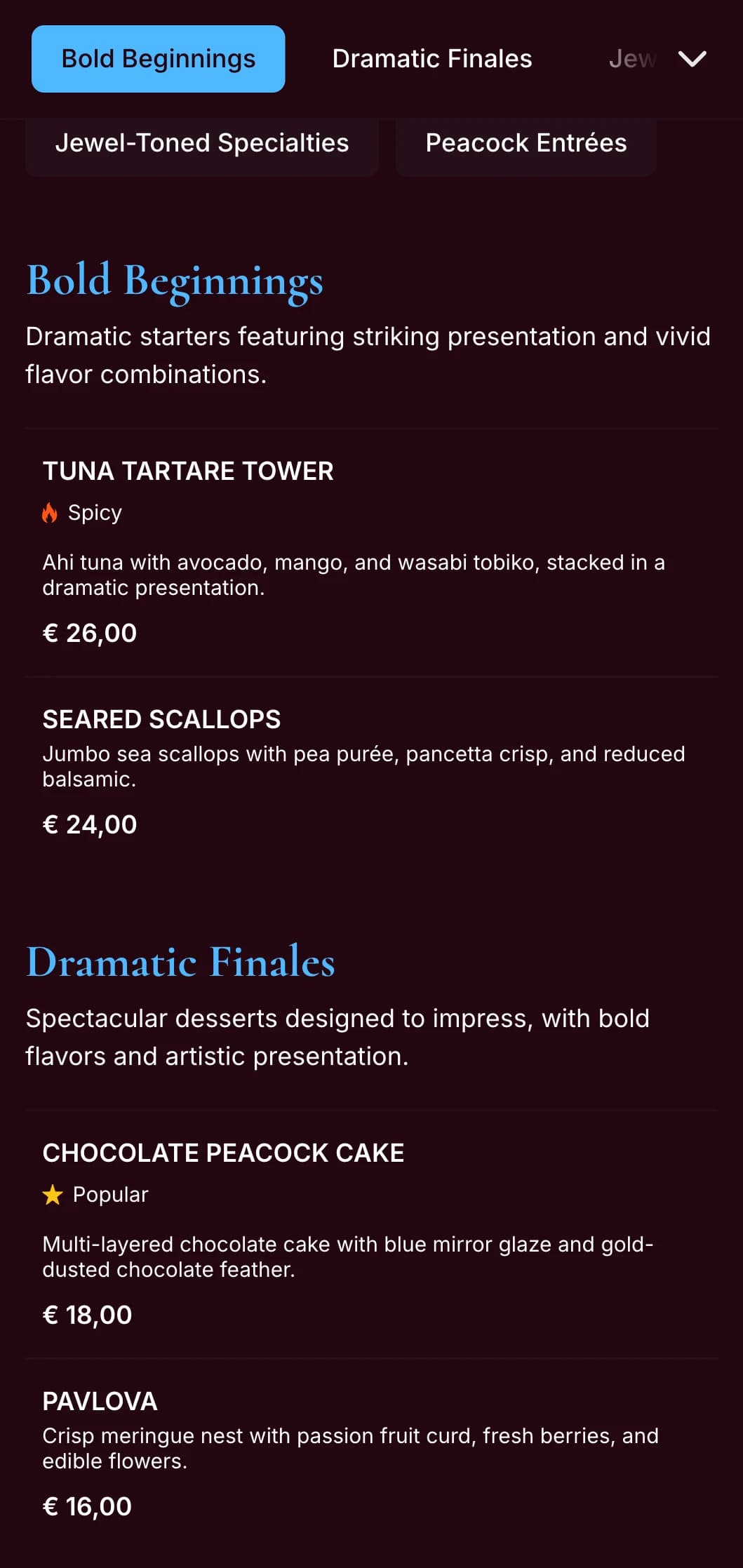 A striking peacock-blue dinner menu with rich jewel tones and dramatic styling, designed for restaurants with bold character.
