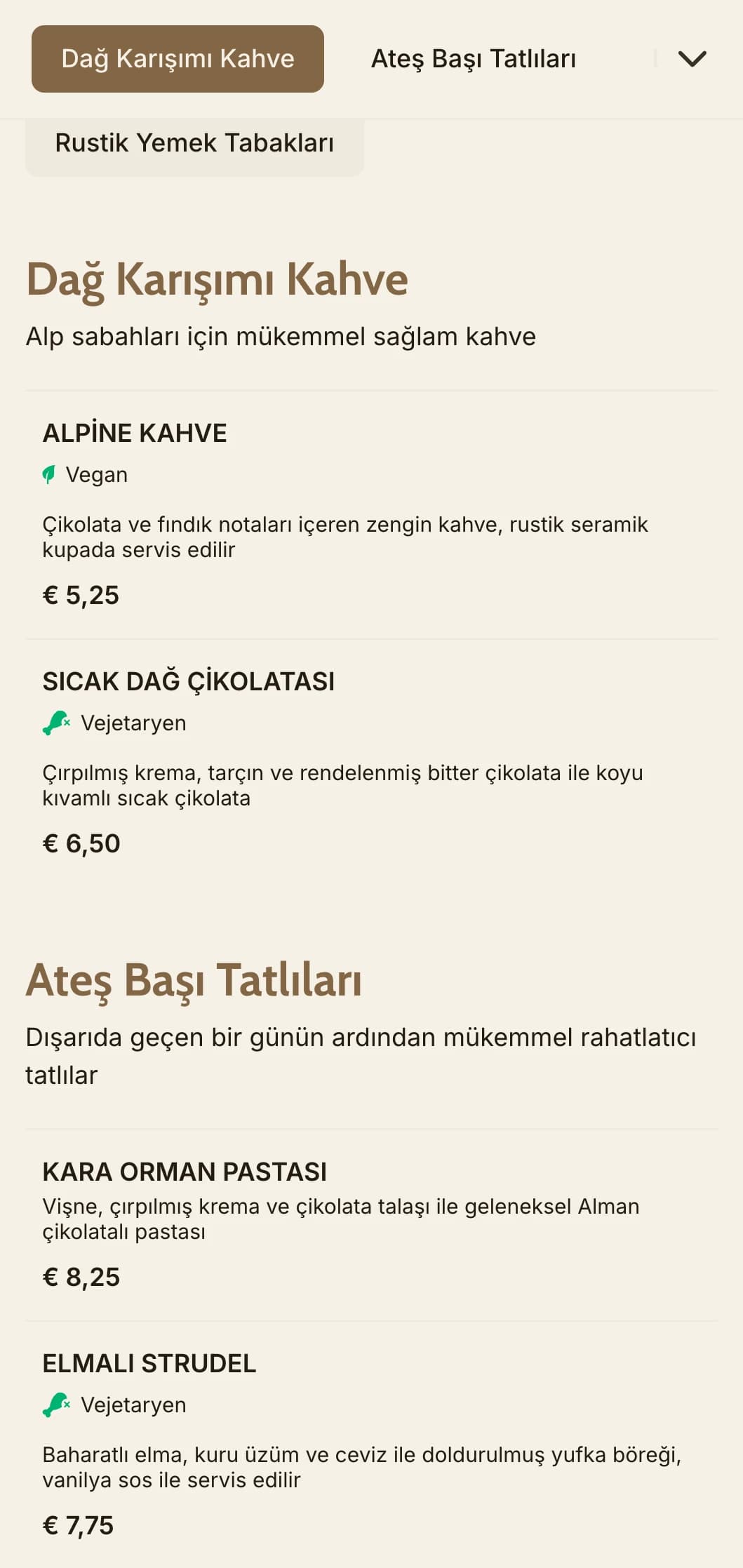 Alp kafeleri ve orman evi lokantaları için dağ unsurları içeren rahat ahşap esintili tasarım.