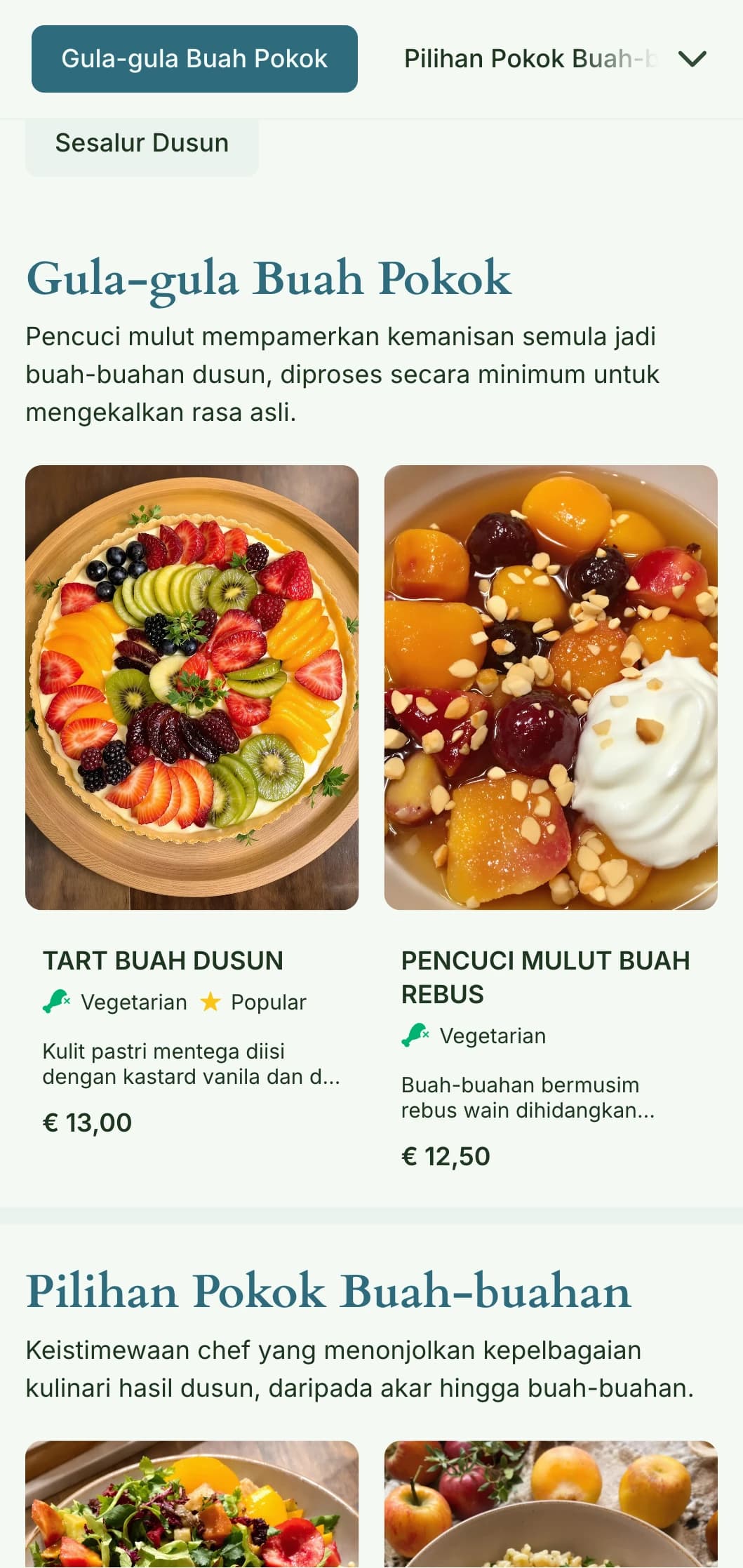 Reka bentuk menu makan tengah hari yang berbuah, terinspirasi dari dusun dengan unsur bermusim dan kelimpahan semula jadi, sesuai untuk restoran yang menggunakan buah-buahan pokok dan produk dusun.
