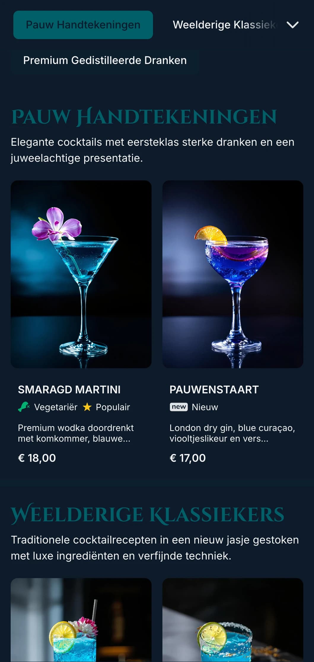 Een luxueus, juweelachtig ontwerp voor chique cocktaillounges met pauwblauwe en smaragdgroene accenten en elegante typografie.