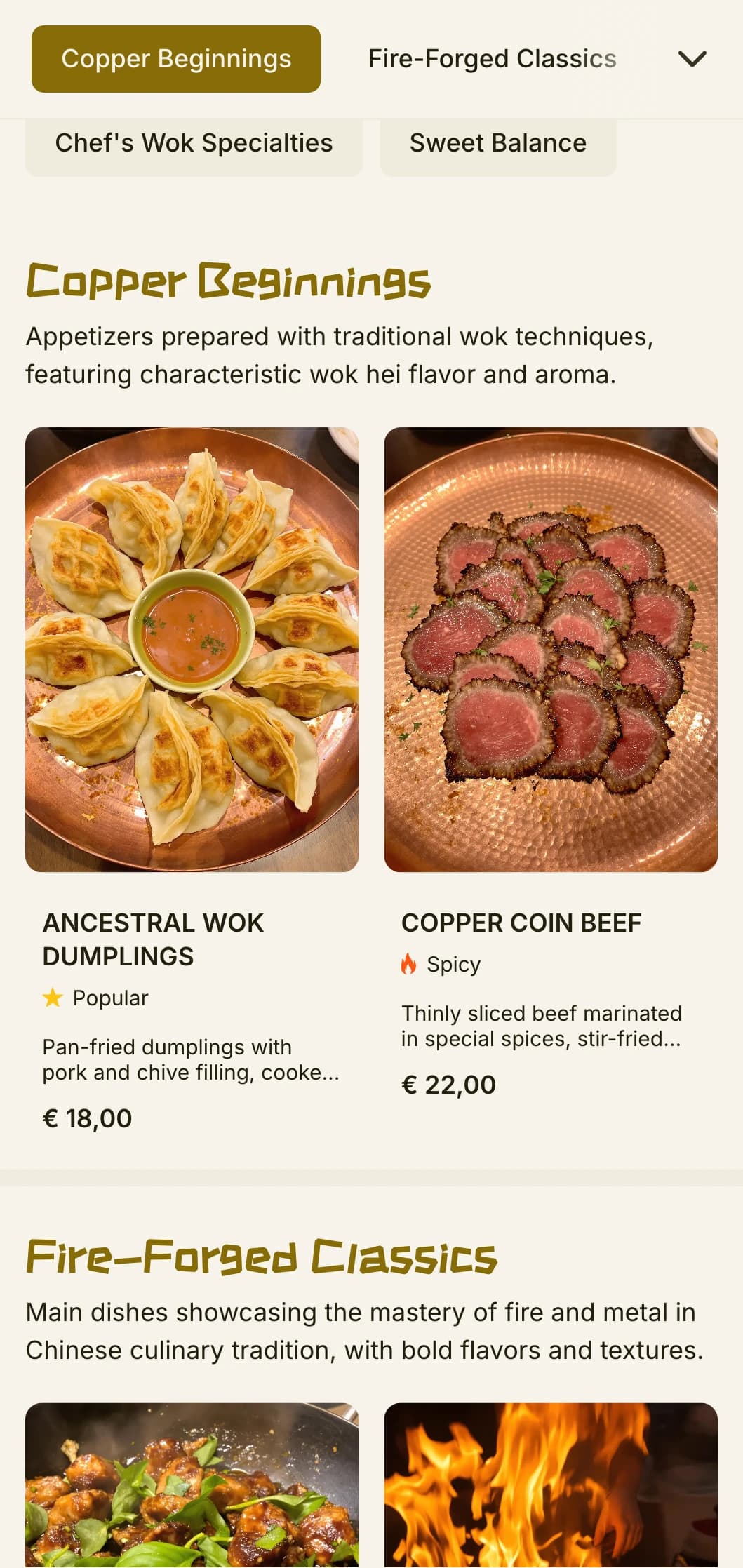 Warm Chinese menu design inspired by traditional wok cooking, with copper accents and authentic culinary elements.
