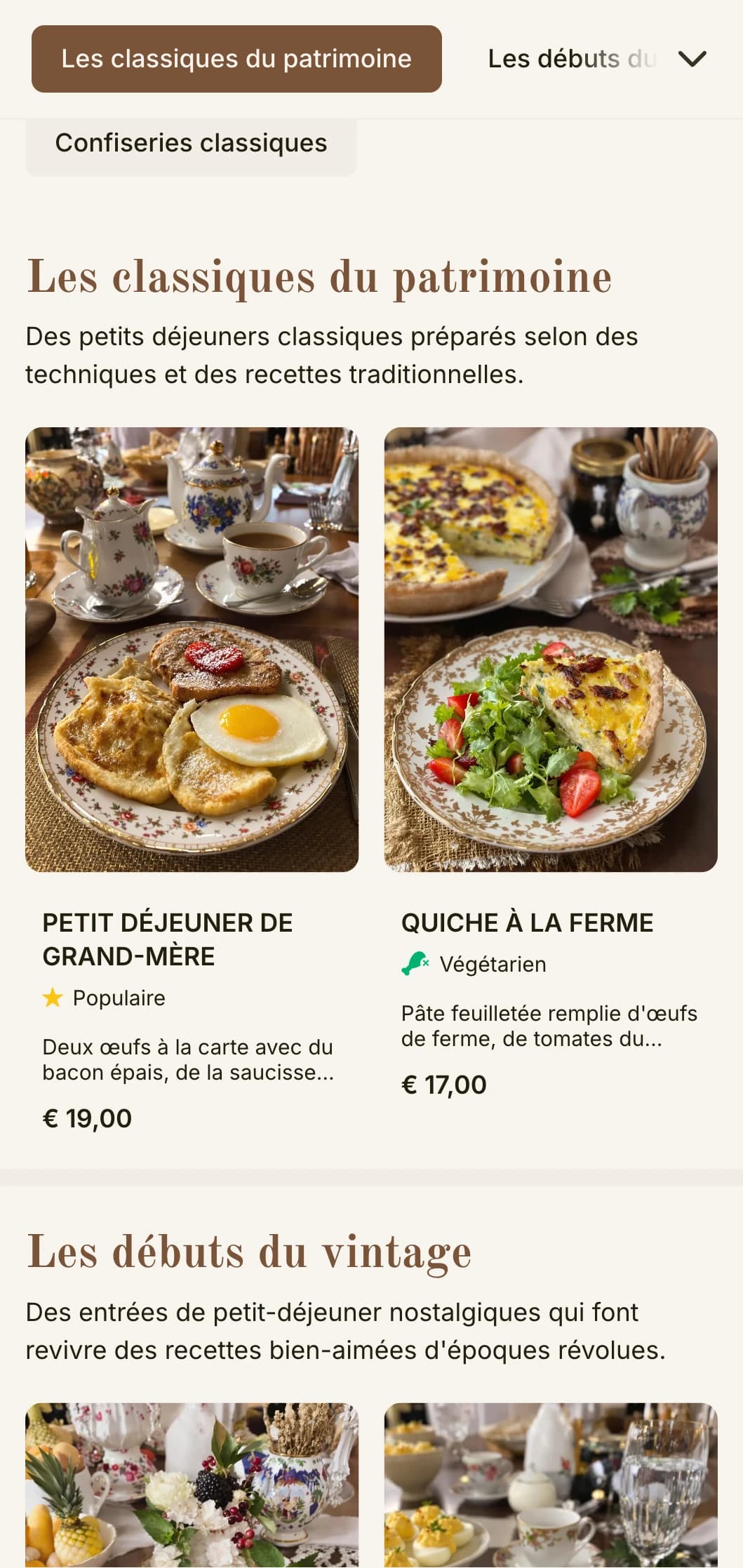 Des offres matinales nostalgiques inspirées de recettes bien-aimées du passé, présentées avec une élégance intemporelle.