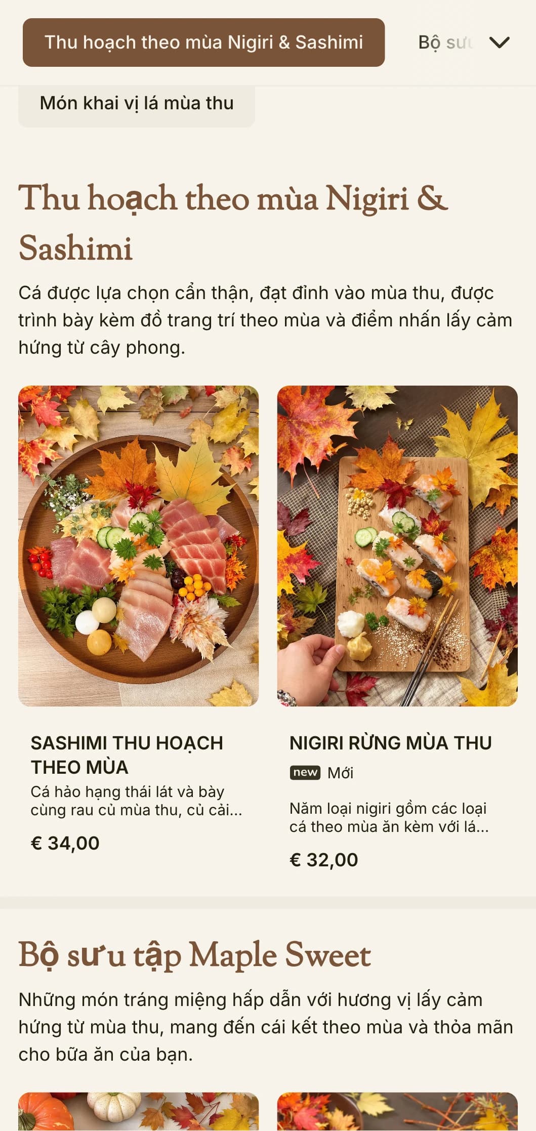 Thực đơn sushi theo mùa ấm áp với tông màu gỗ thích phong phú và các yếu tố lấy cảm hứng từ mùa thu cho bữa ăn truyền thống.