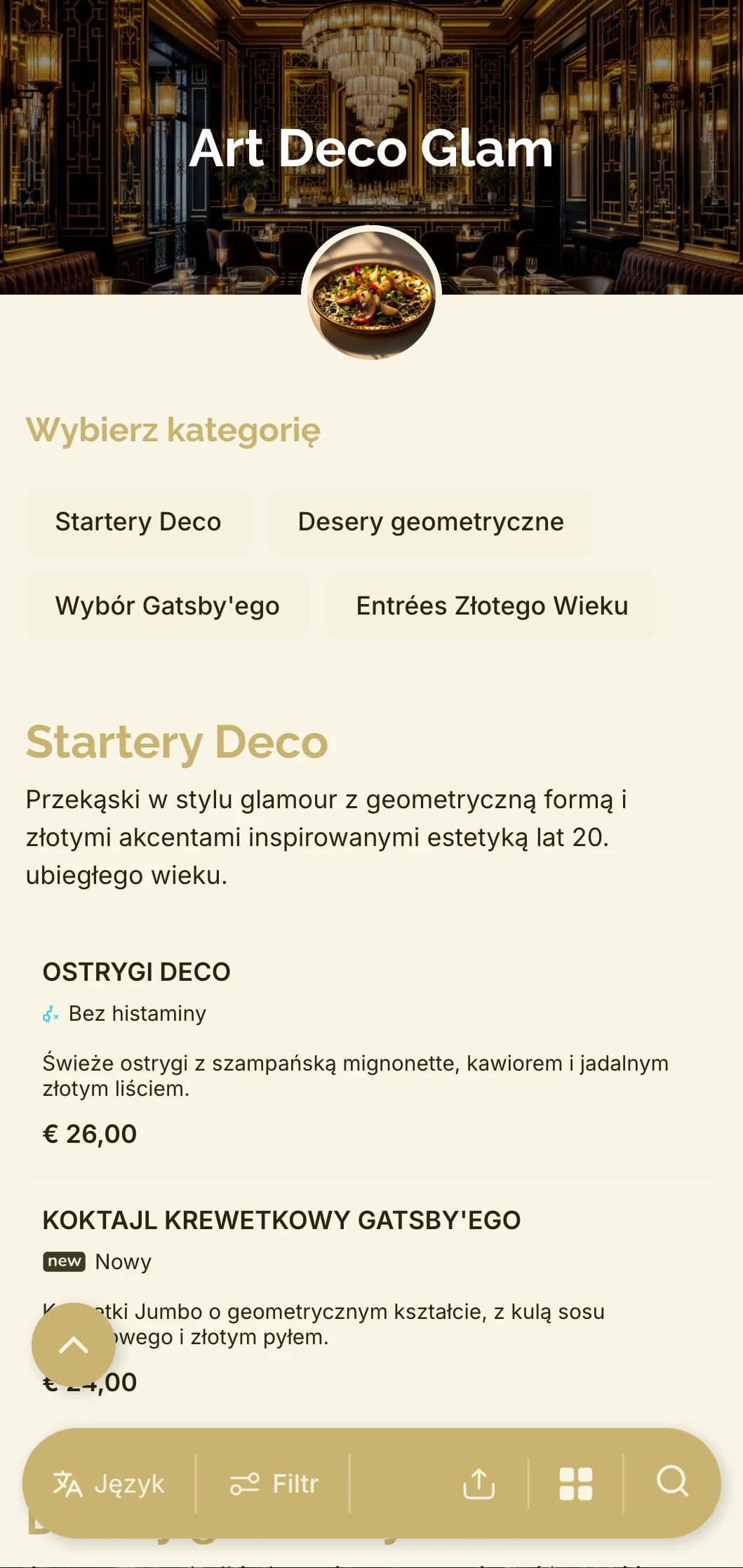 Efektowny design inspirowany latami 20. z geometrycznymi wzorami i złotymi akcentami zapewnia ponadczasowe, a jednocześnie współczesne doznania kulinarne.