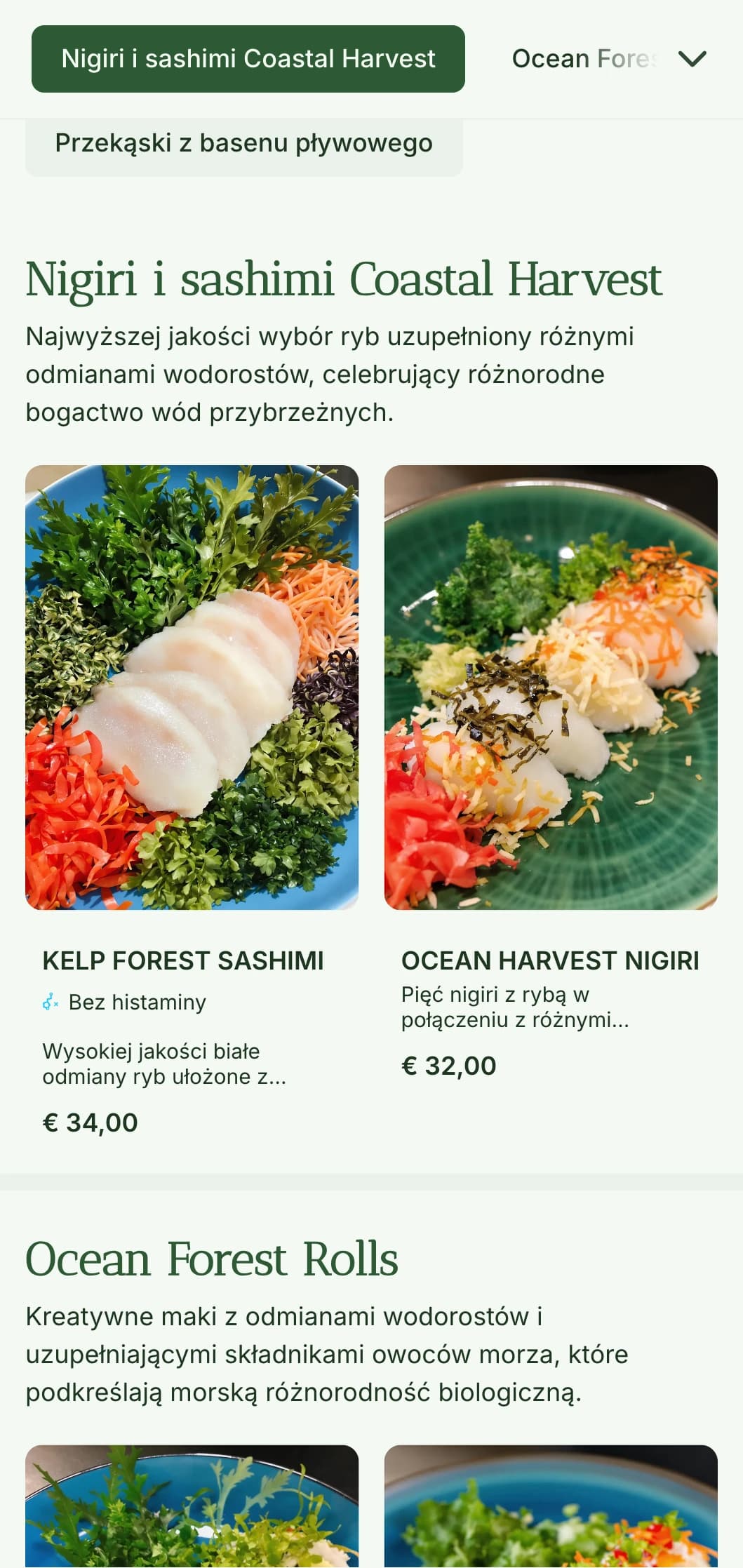 Świeże, inspirowane oceanem menu sushi w głębokich odcieniach zieleni wodorostów dla autentycznych restauracji serwujących owoce morza.