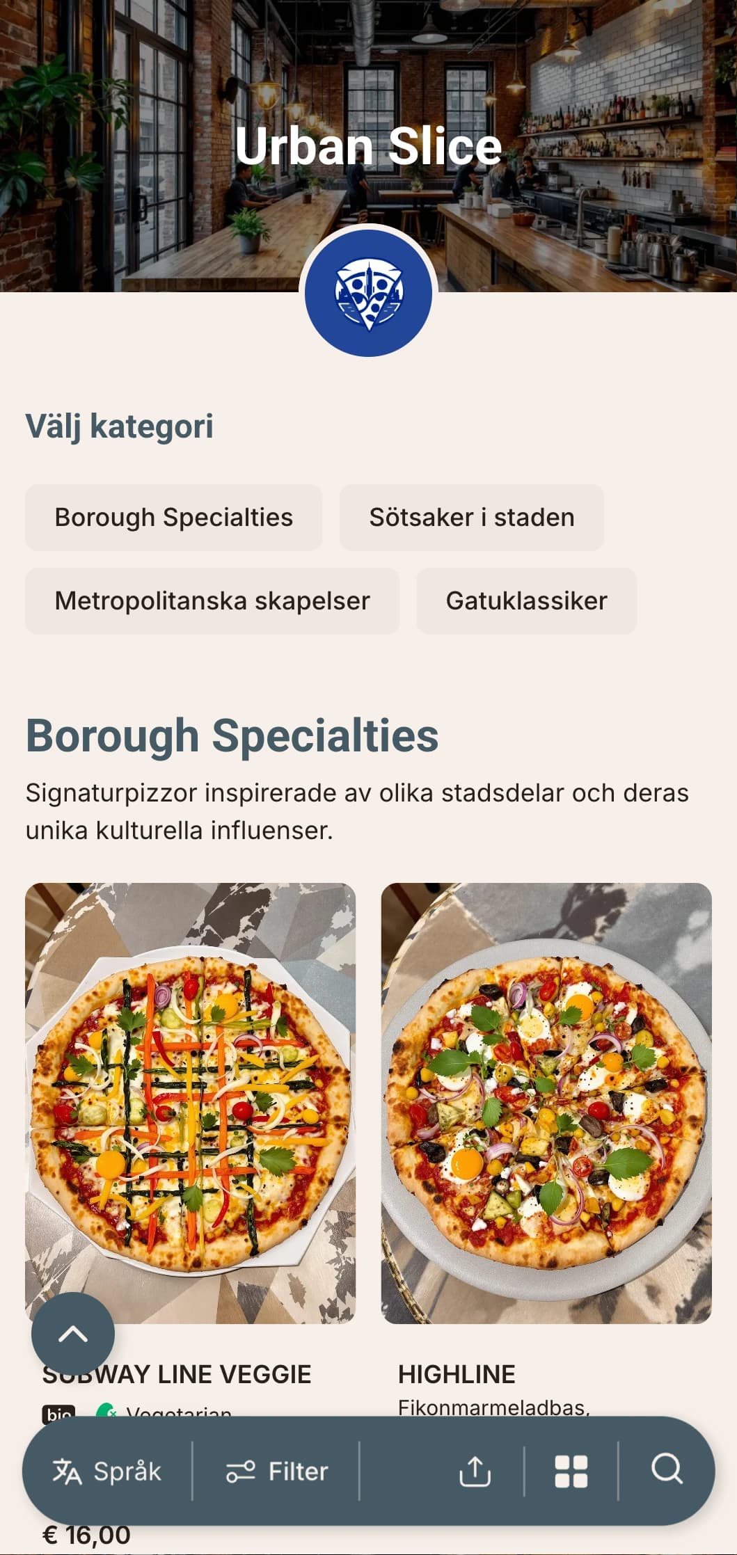 Urban och modern pizzameny med industriella designelement, perfekt för pizzerior i stadskärnan.