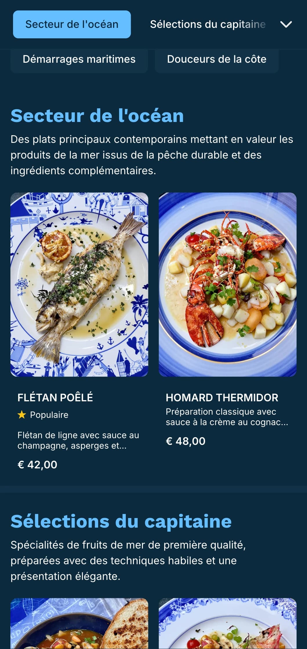 Un menu de dîner aux tons bleus et aux influences nautiques, parfait pour les restaurants de fruits de mer haut de gamme.