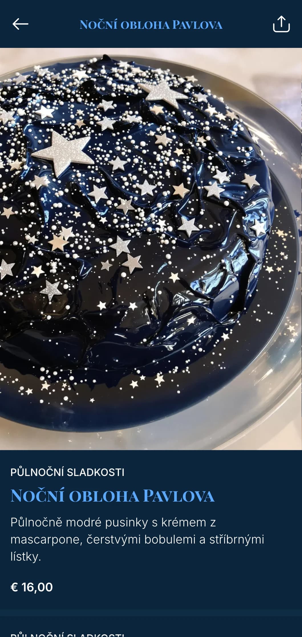 Tmavě modré menu s inspirací půlnoční oblohou a zlatými hvězdami, určené pro večerní fine dining.
