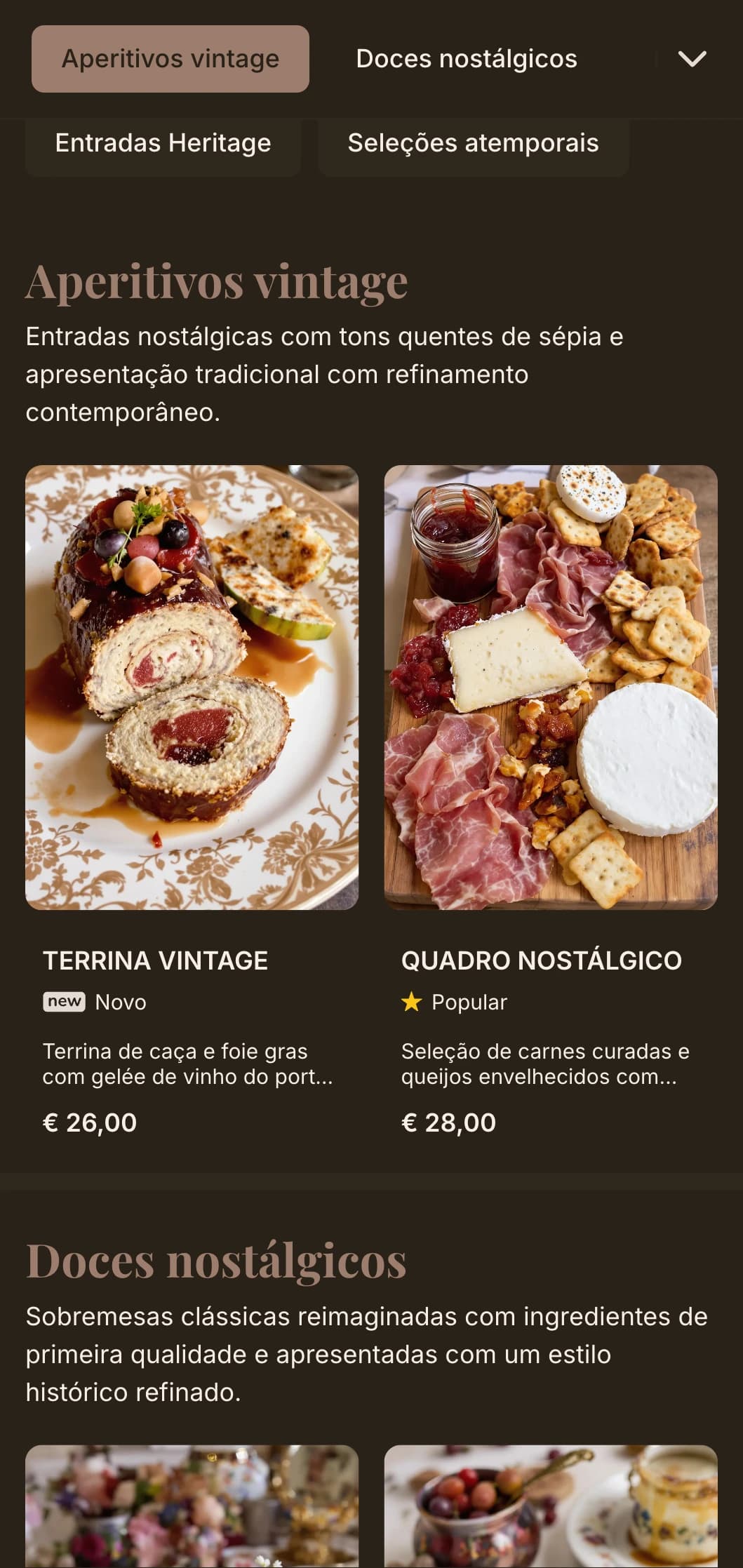 Conceito nostálgico com tons quentes de sépia e elementos de luxo vintage para uma experiência gastronômica atemporal.
