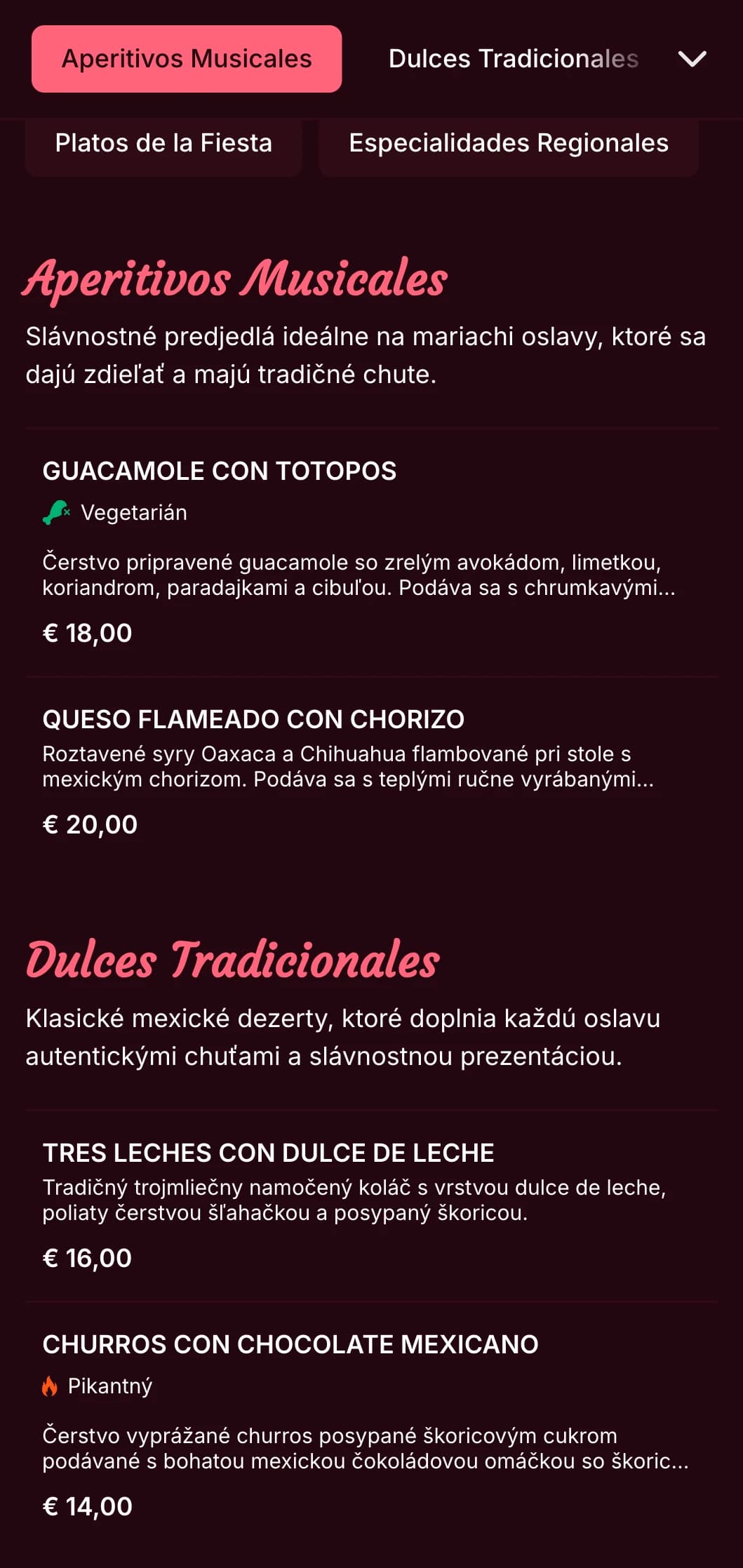 Živé a hudobné mexické menu so žiarivými ružovými akcentmi, obrazmi mariachi a slávnostnými jedlami ideálnymi na oslavy a večierky.